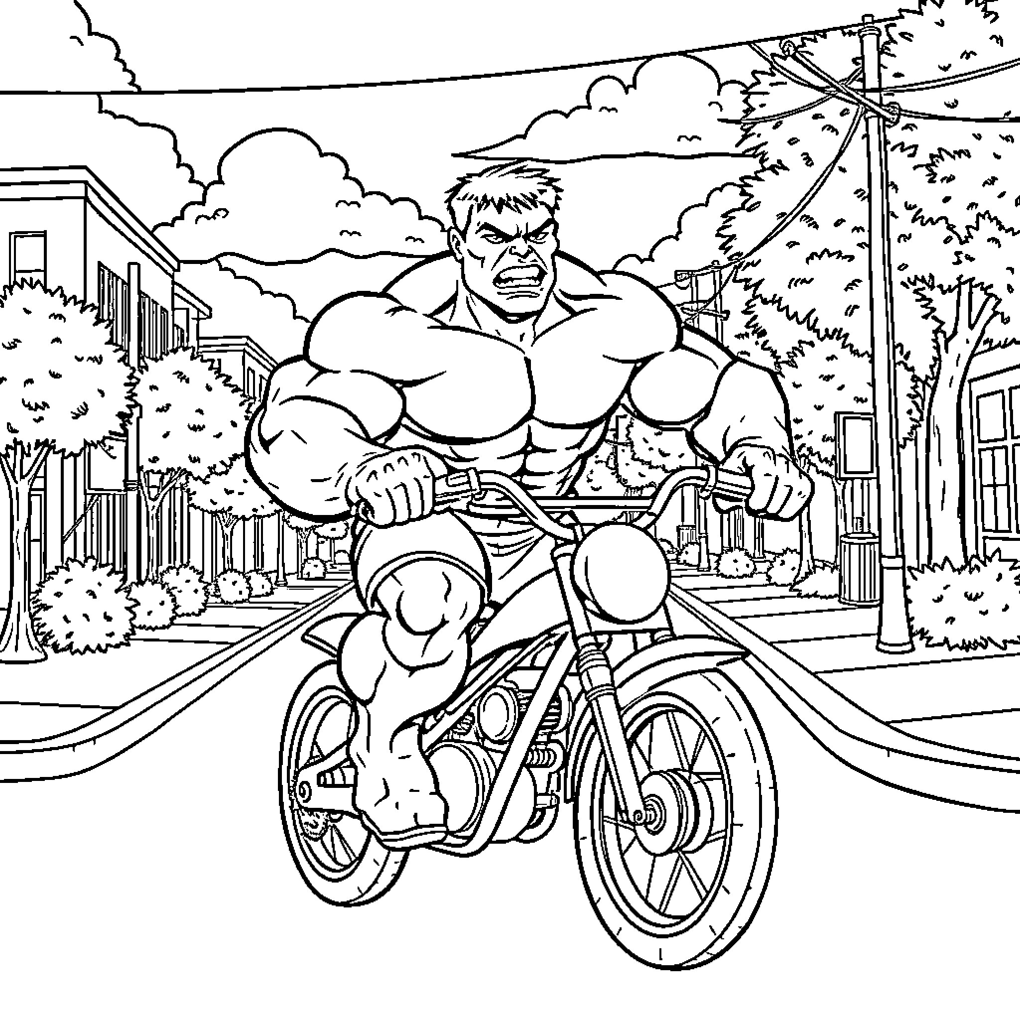 Hulk Rides Through the City on a Motorcycle Coloring Page (free black-and-white line drawing printable PDF for all, from beginners to advanced learners, including children, teens, adults, and seniors)