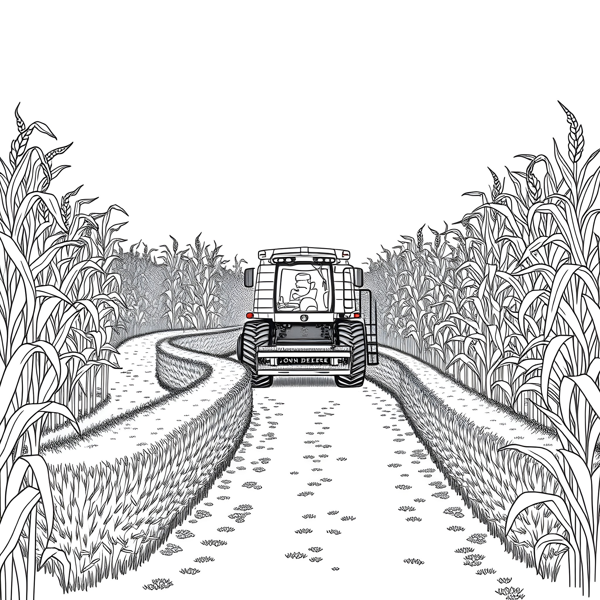 Combine traversing winding path through crop field Coloring Page (free black-and-white line drawing printable PDF for all, from beginners to advanced learners, including children, teens, adults, and seniors)