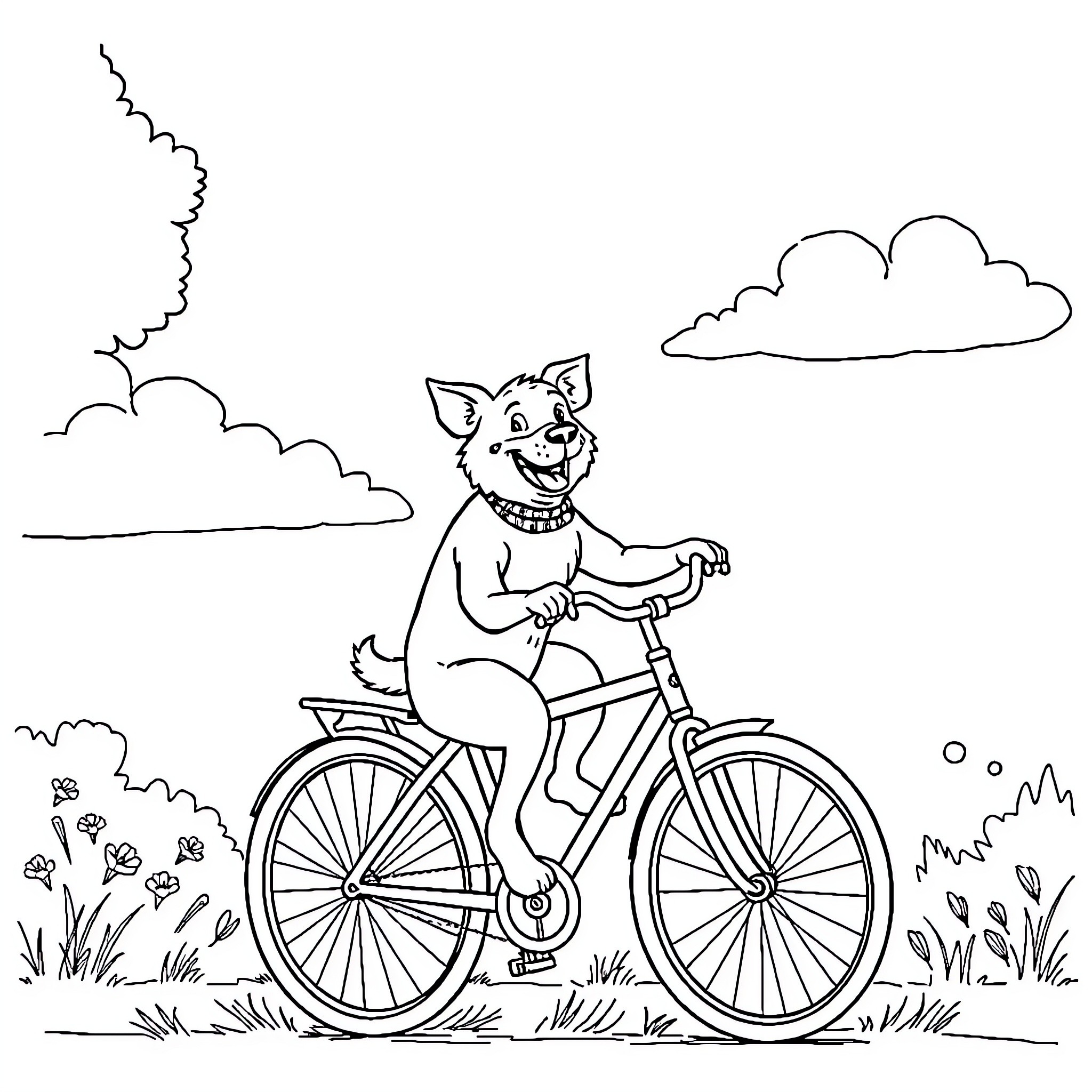Dog riding a bicycle on a nature trail Coloring Page (free black-and-white line drawing printable PDF for all, from beginners to advanced learners, including children, teens, adults, and seniors)