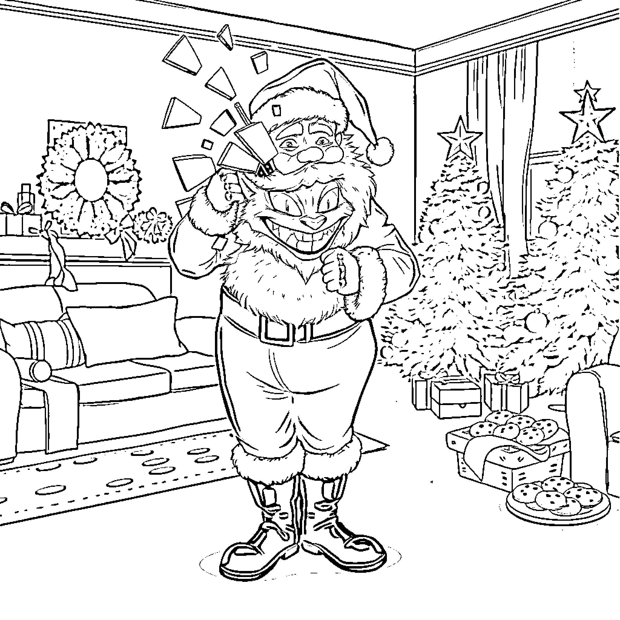 Santa decorating for the holidays Coloring Page (free black-and-white line drawing printable PDF for all, from beginners to advanced learners, including children, teens, adults, and seniors)