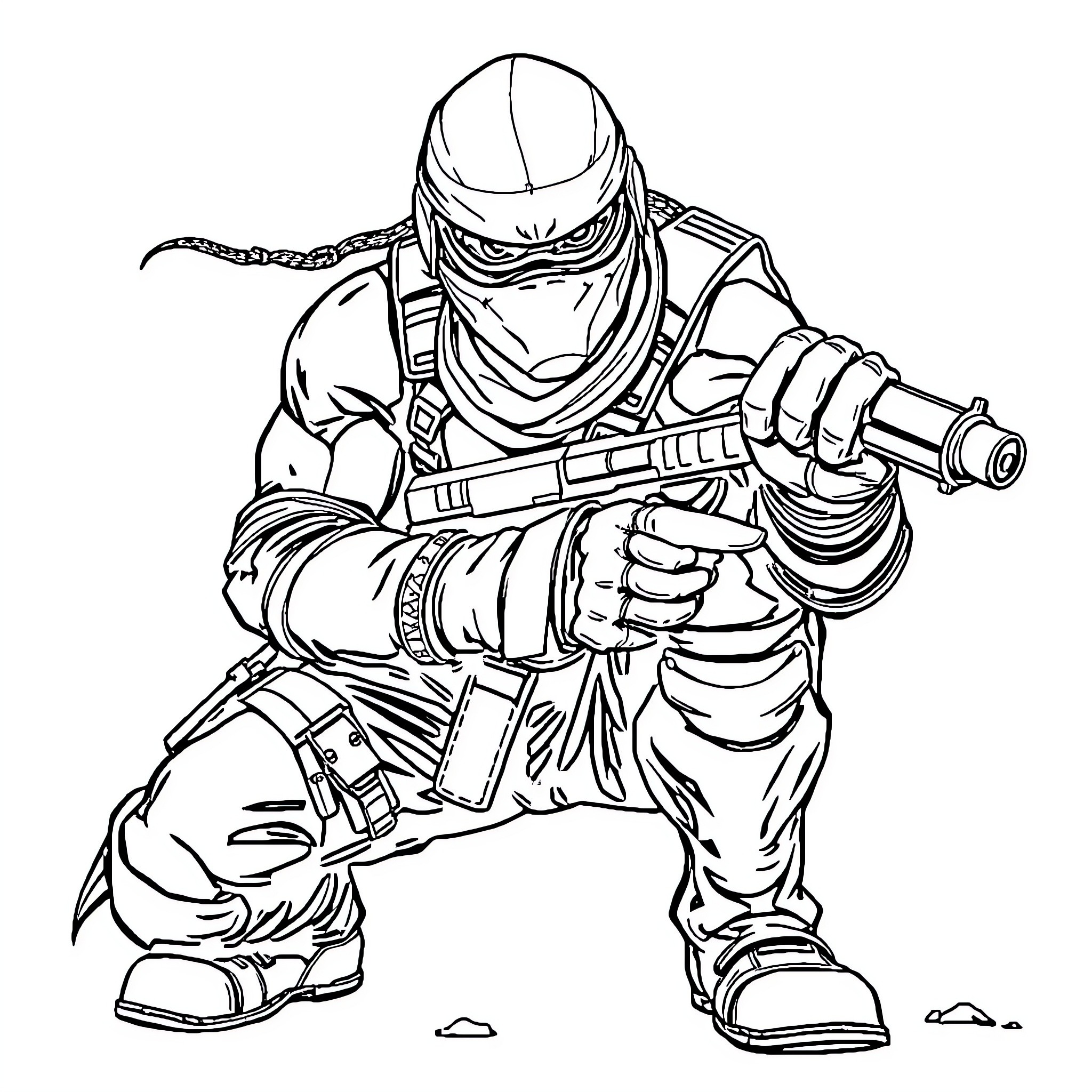 Solid Snake in Combat Gear with Weapon Drawn Coloring Page (free black-and-white line drawing printable PDF for all, from beginners to advanced learners, including children, teens, adults, and seniors)
