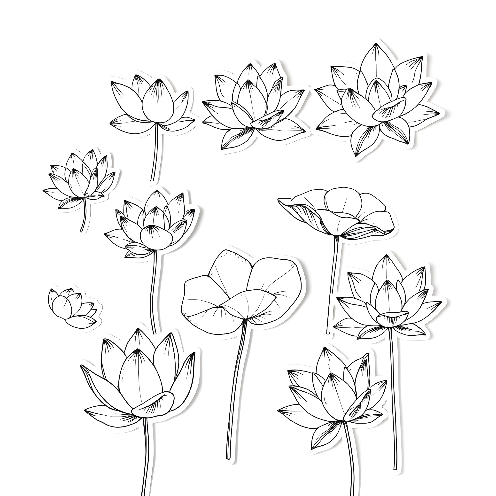 Lotus Flowers - Line Art Illustration Coloring Page (free black-and-white line drawing printable PDF for all, from beginners to advanced learners, including children, teens, adults, and seniors)