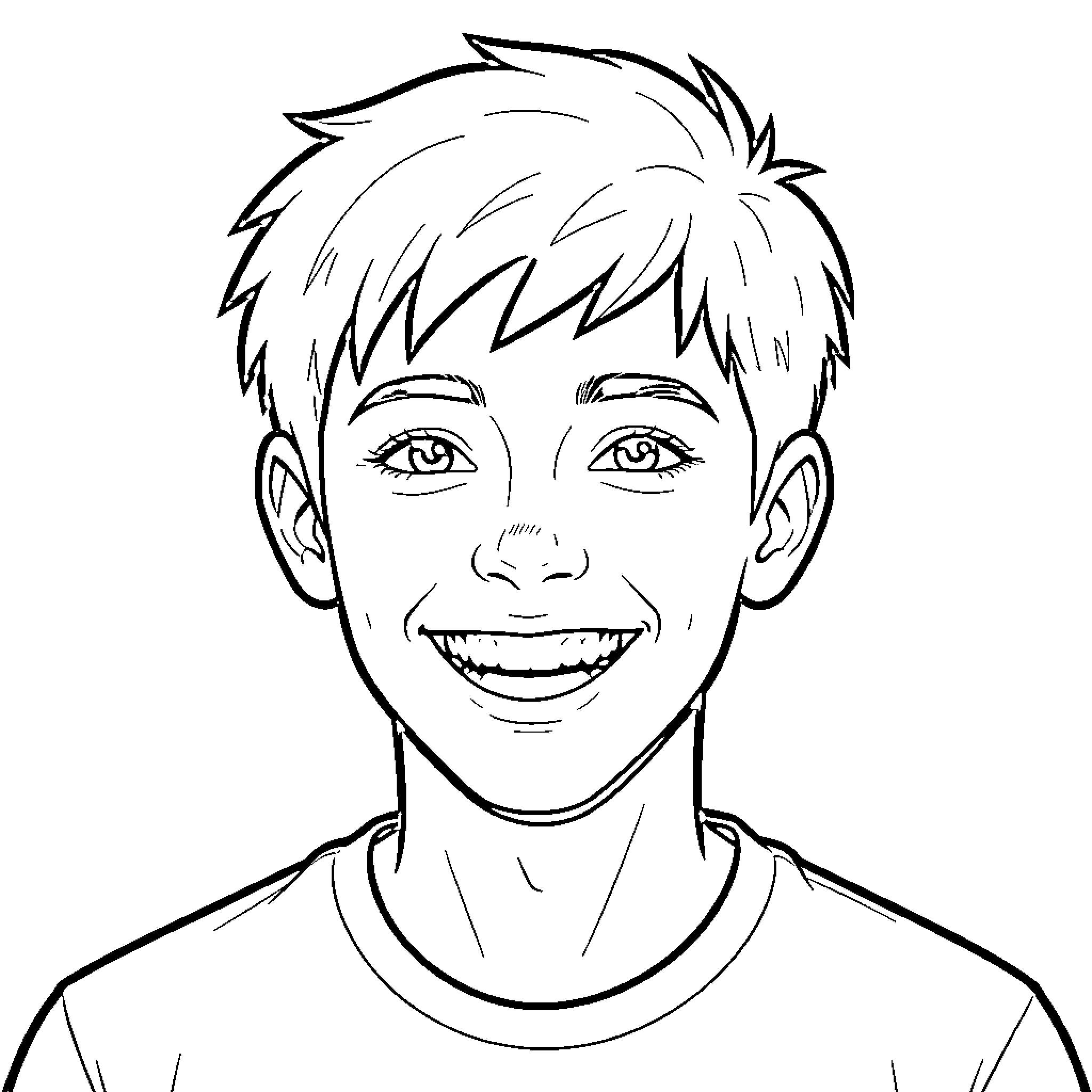 Teenager smiling brightly with a happy expression Coloring Page (free black-and-white line drawing printable PDF for all, from beginners to advanced learners, including children, teens, adults, and seniors)