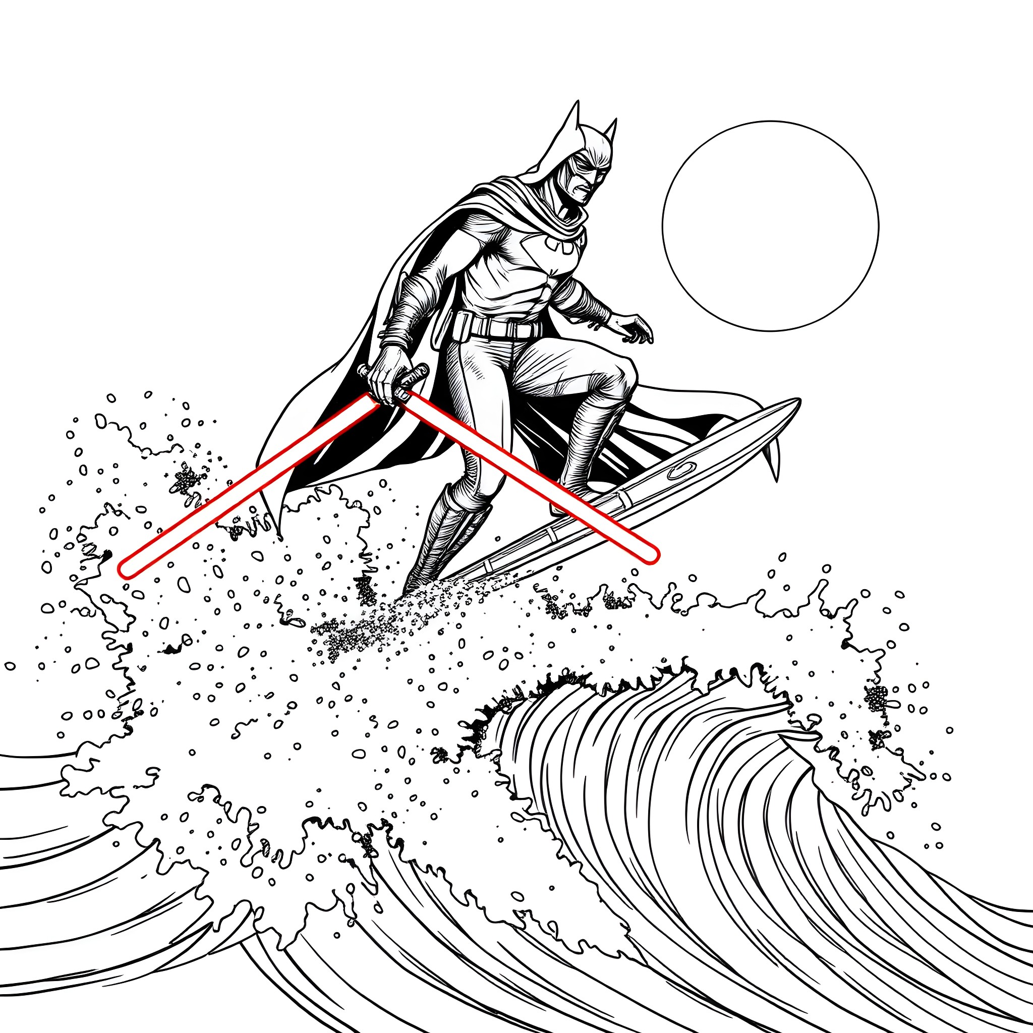 Kylo Ren surfing on a cosmic wave Coloring Page (free black-and-white line drawing printable PDF for all, from beginners to advanced learners, including children, teens, adults, and seniors)