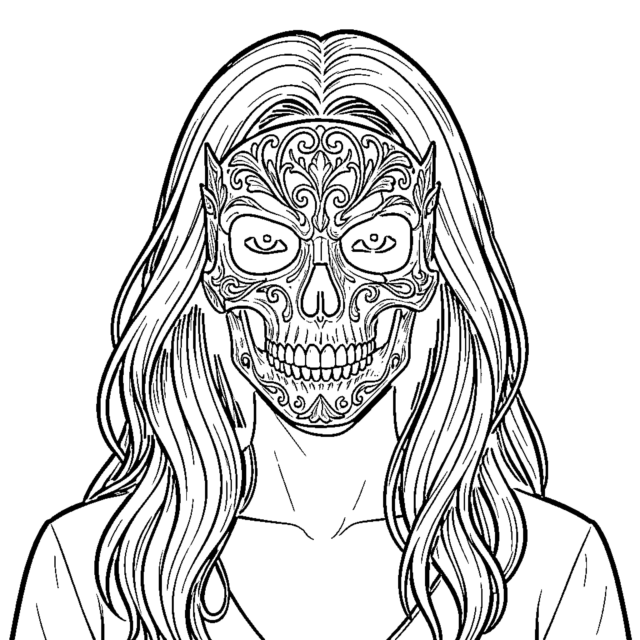 Woman with intricate skull face paint Coloring Page (free black-and-white line drawing printable PDF for all, from beginners to advanced learners, including children, teens, adults, and seniors)