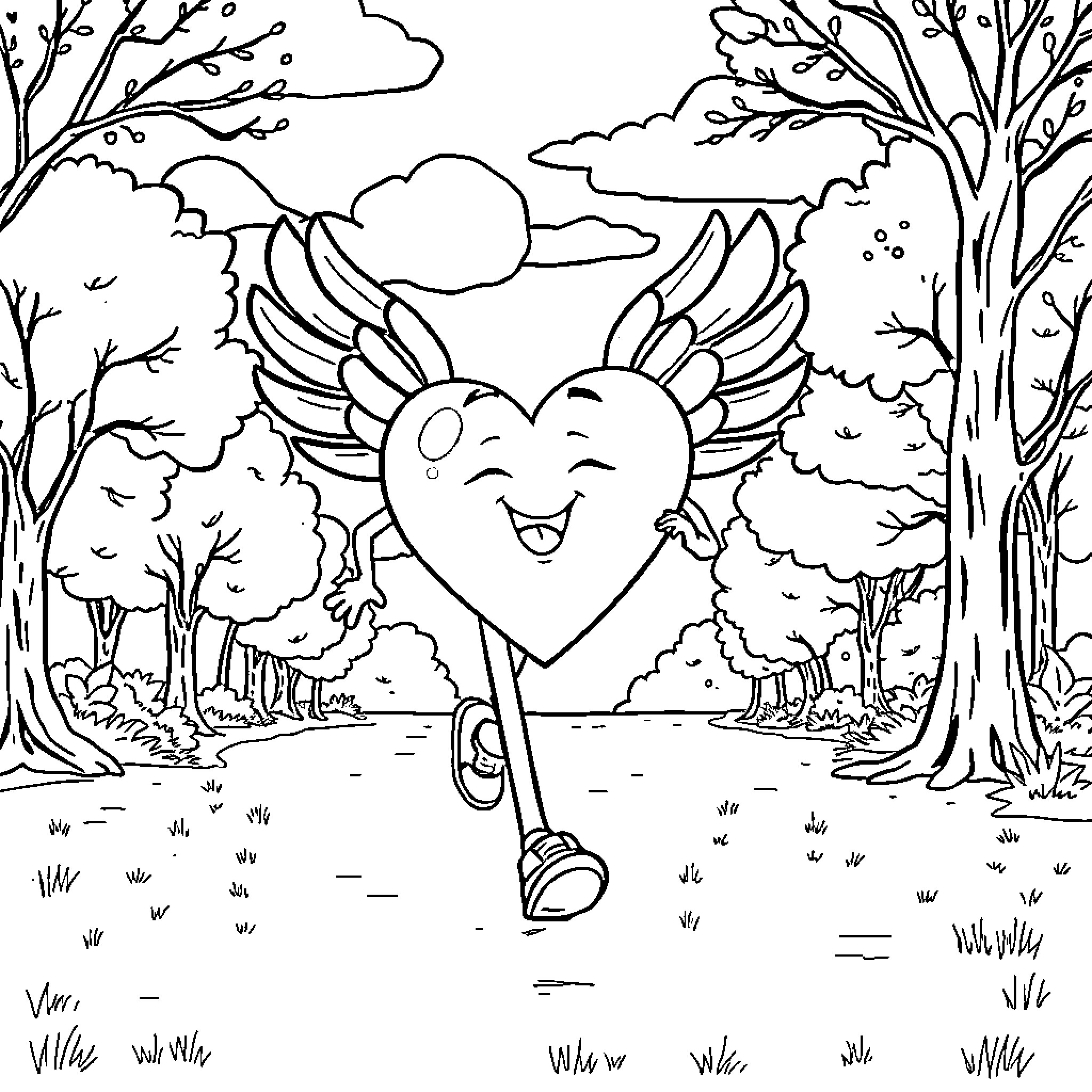 Heart Soaring Joyfully in Scenic Forest Coloring Page (free black-and-white line drawing printable PDF for all, from beginners to advanced learners, including children, teens, adults, and seniors)