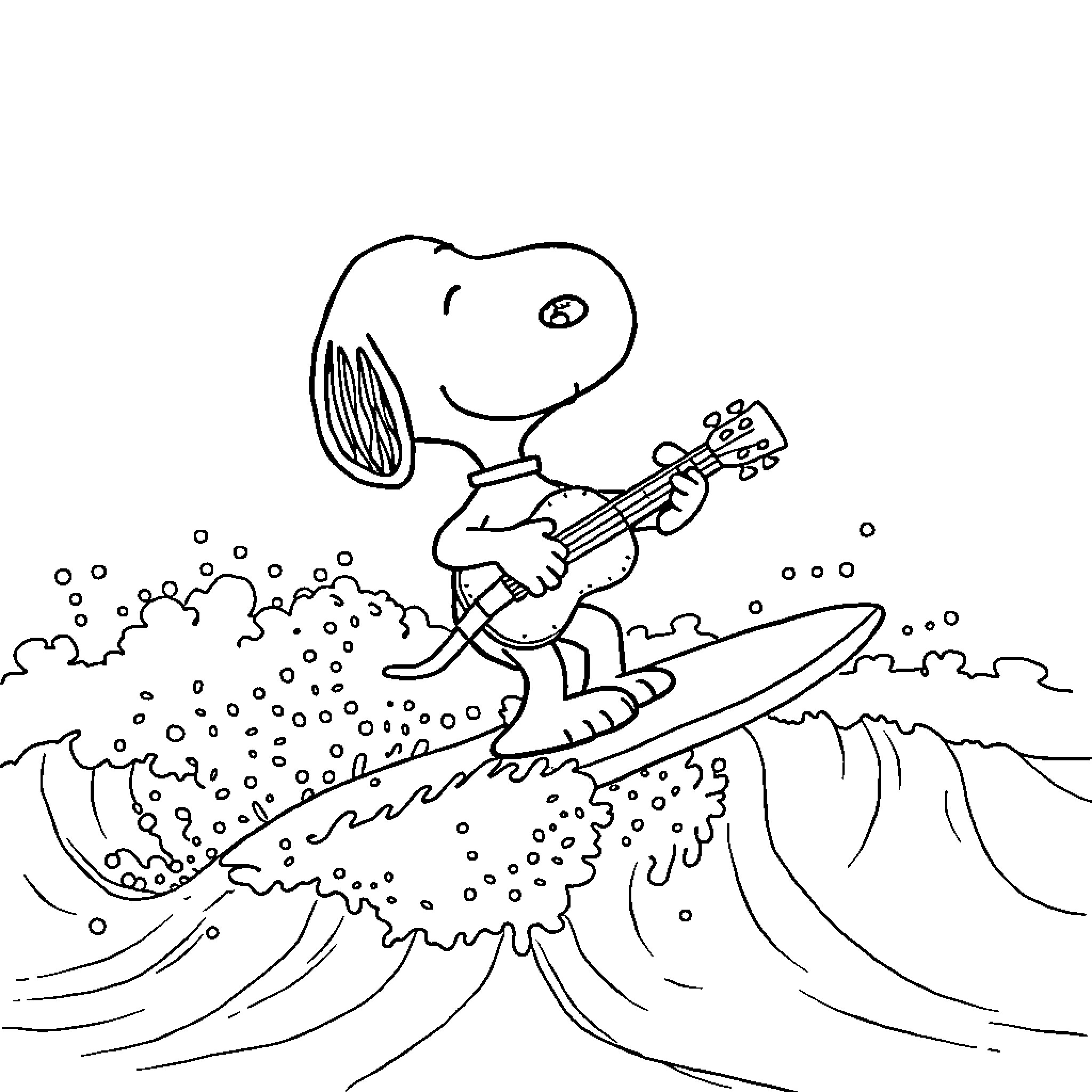 Snoopy surfing and playing guitar on the waves Coloring Page (free black-and-white line drawing printable PDF for all, from beginners to advanced learners, including children, teens, adults, and seniors)