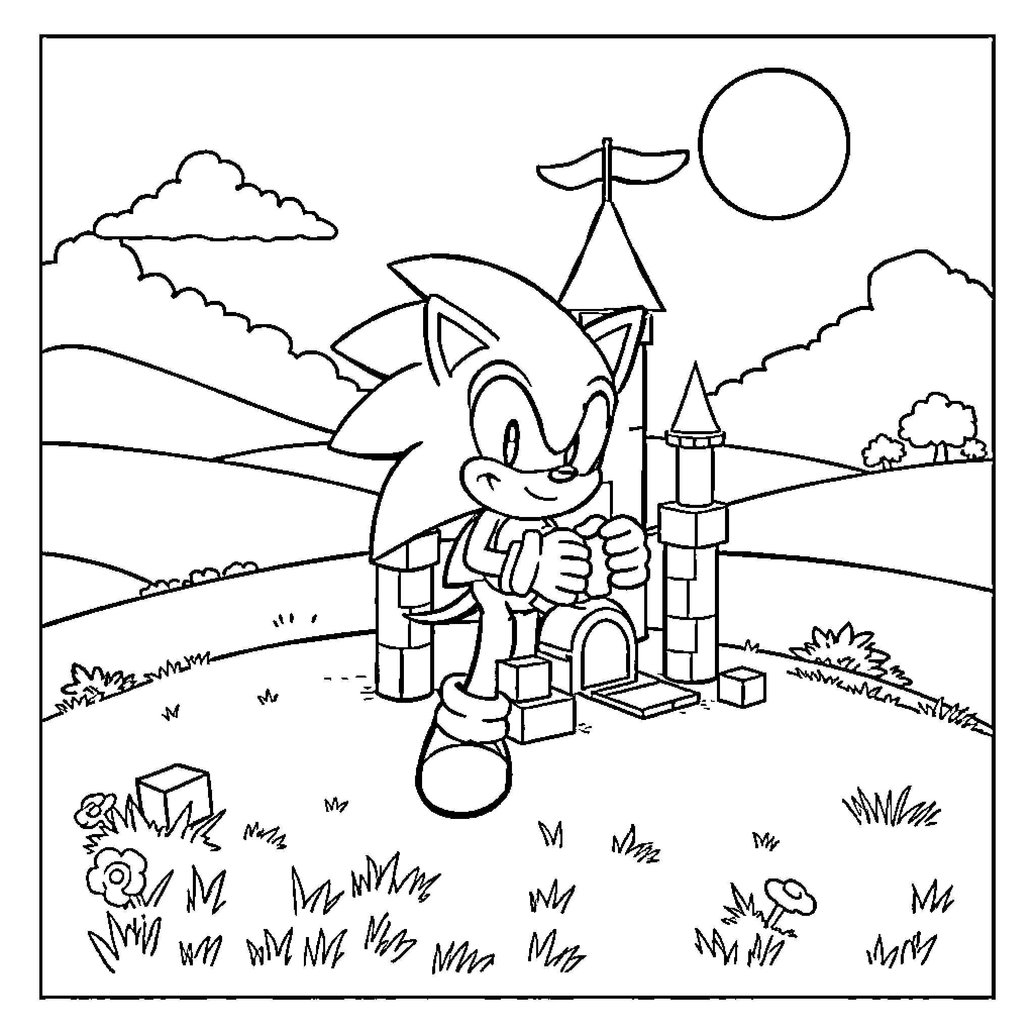 Sonic enjoying a day in the countryside Coloring Page (free black-and-white line drawing printable PDF for all, from beginners to advanced learners, including children, teens, adults, and seniors)
