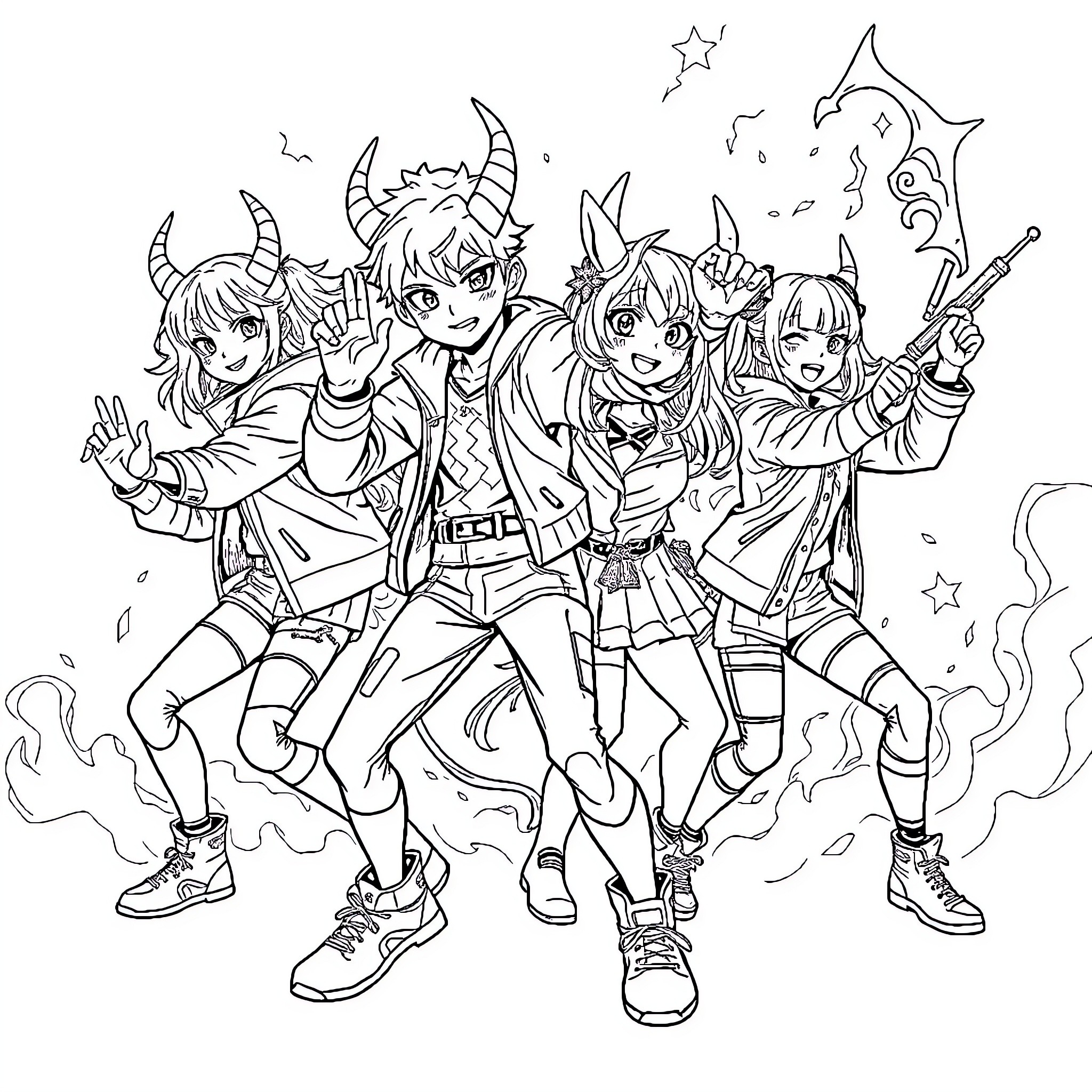 Demon Hunter Group Strikes an Adventurous Pose Coloring Page (free black-and-white line drawing printable PDF for all, from beginners to advanced learners, including children, teens, adults, and seniors)