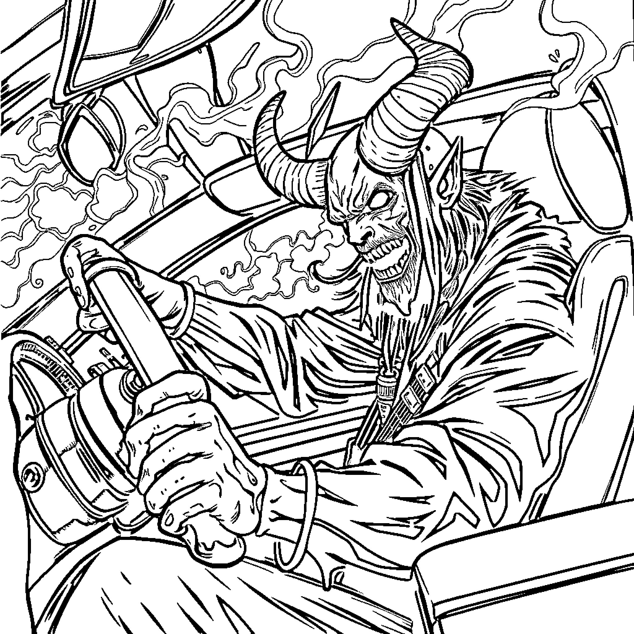 Demon Hunter in Fierce Battle Coloring Page (free black-and-white line drawing printable PDF for all, from beginners to advanced learners, including children, teens, adults, and seniors)