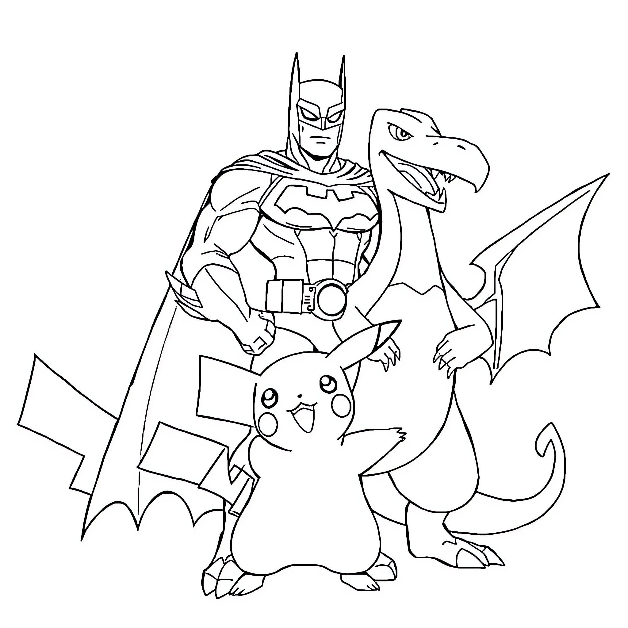 Pokémon characters in action-packed scene Coloring Page (free black-and-white line drawing printable PDF for all, from beginners to advanced learners, including children, teens, adults, and seniors)