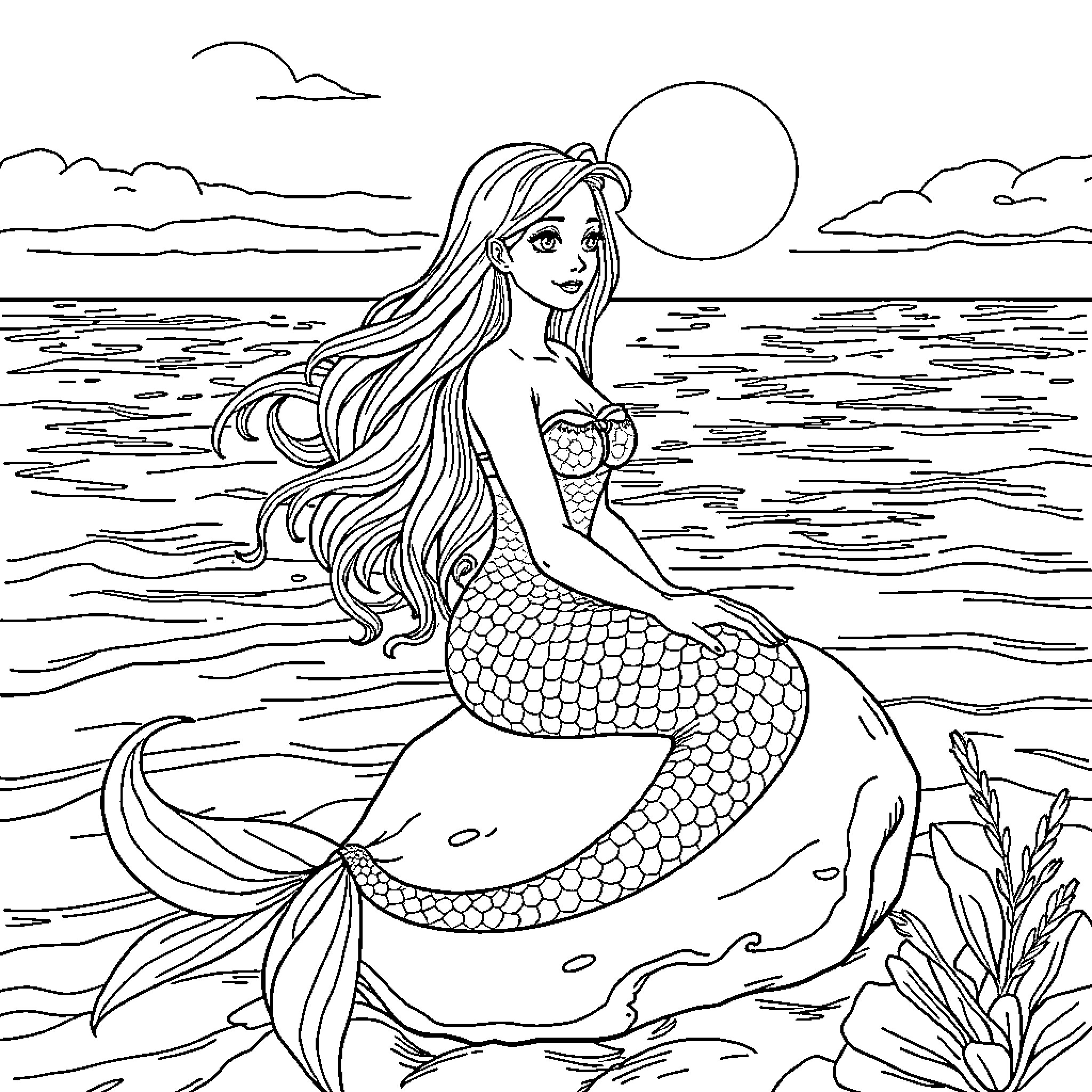 Mermaid gazing at the sunset over the ocean Coloring Page (free black-and-white line drawing printable PDF for all, from beginners to advanced learners, including children, teens, adults, and seniors)