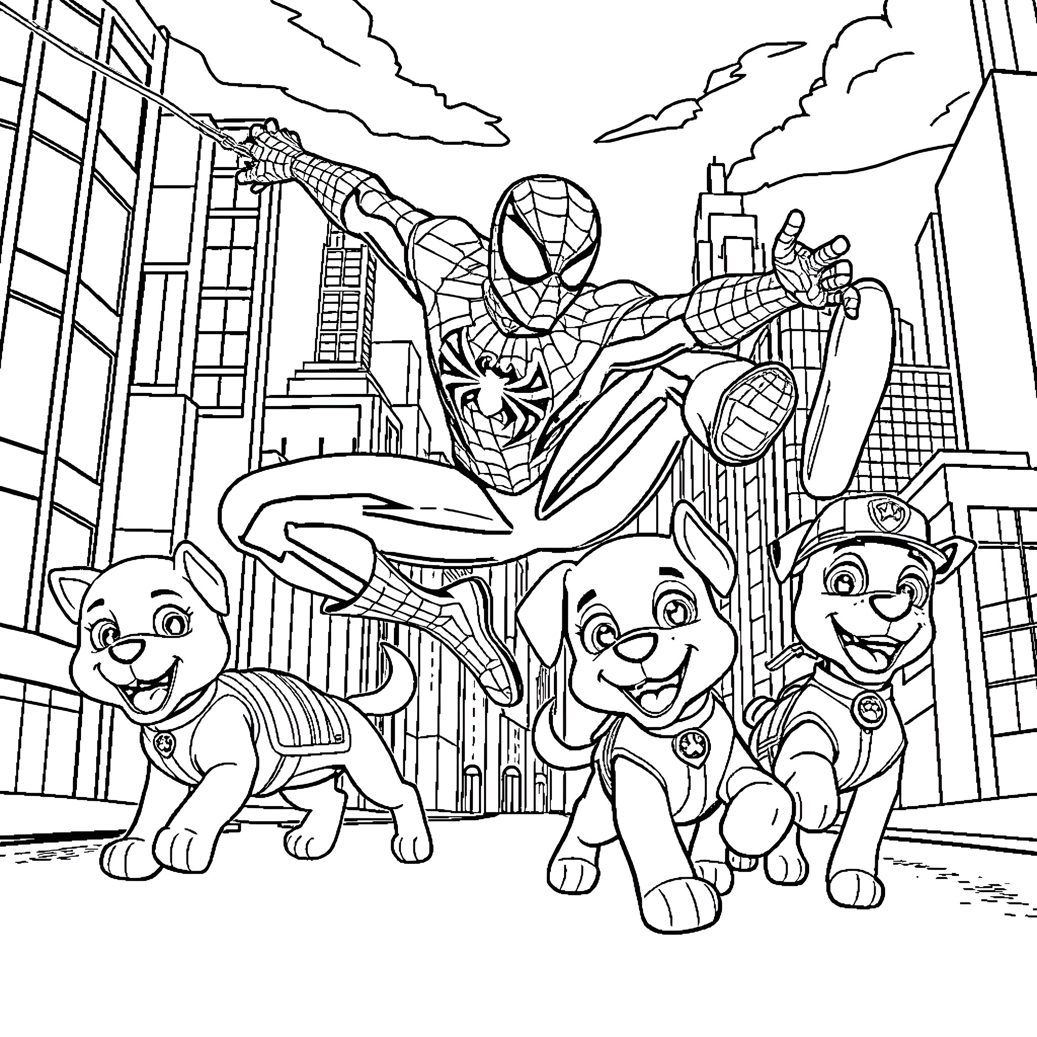 Spiderman protects the city with pups Coloring Page (free black-and-white line drawing printable PDF for all, from beginners to advanced learners, including children, teens, adults, and seniors)