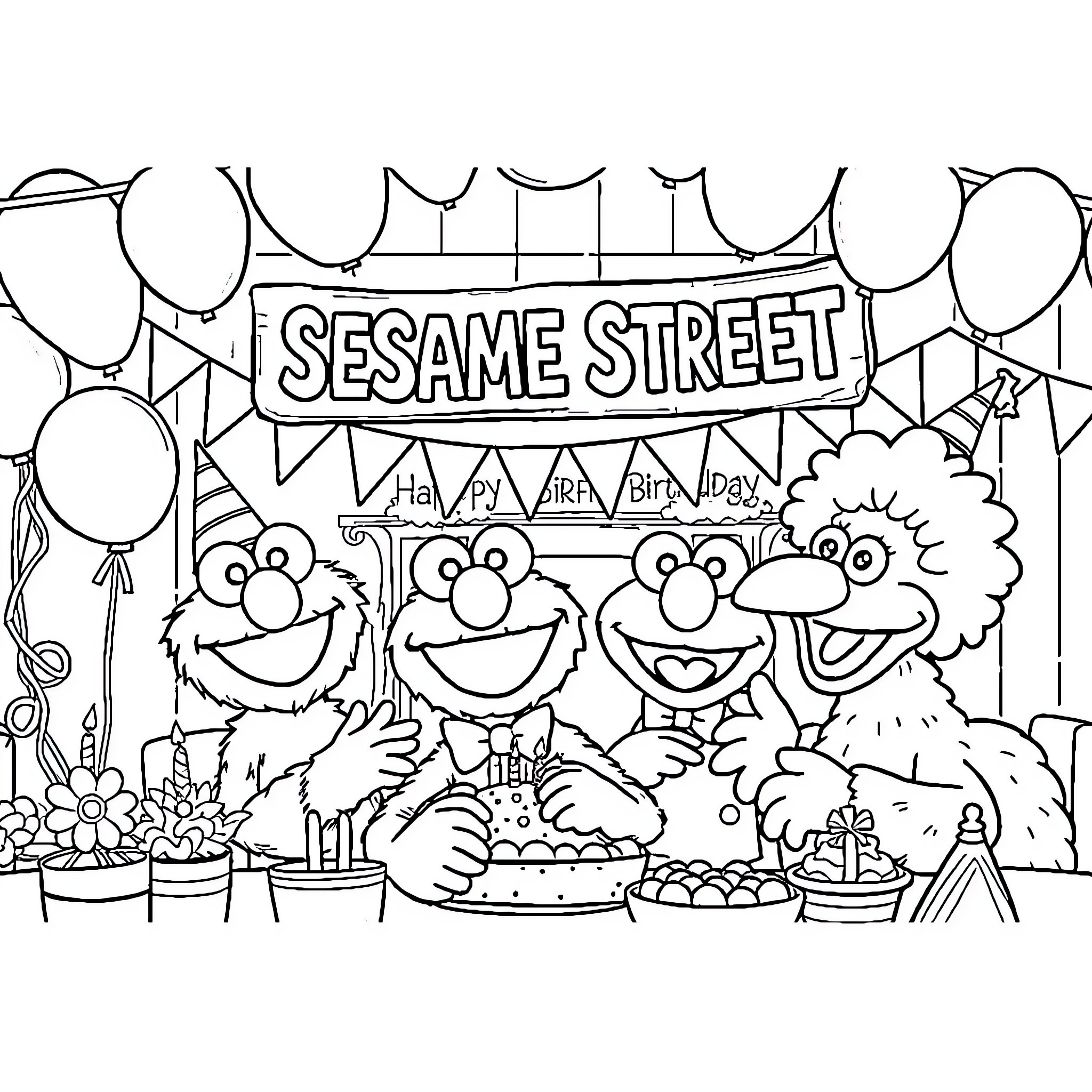 Sesame Street characters celebrating a birthday party Coloring Page (free black-and-white line drawing printable PDF for all, from beginners to advanced learners, including children, teens, adults, and seniors)