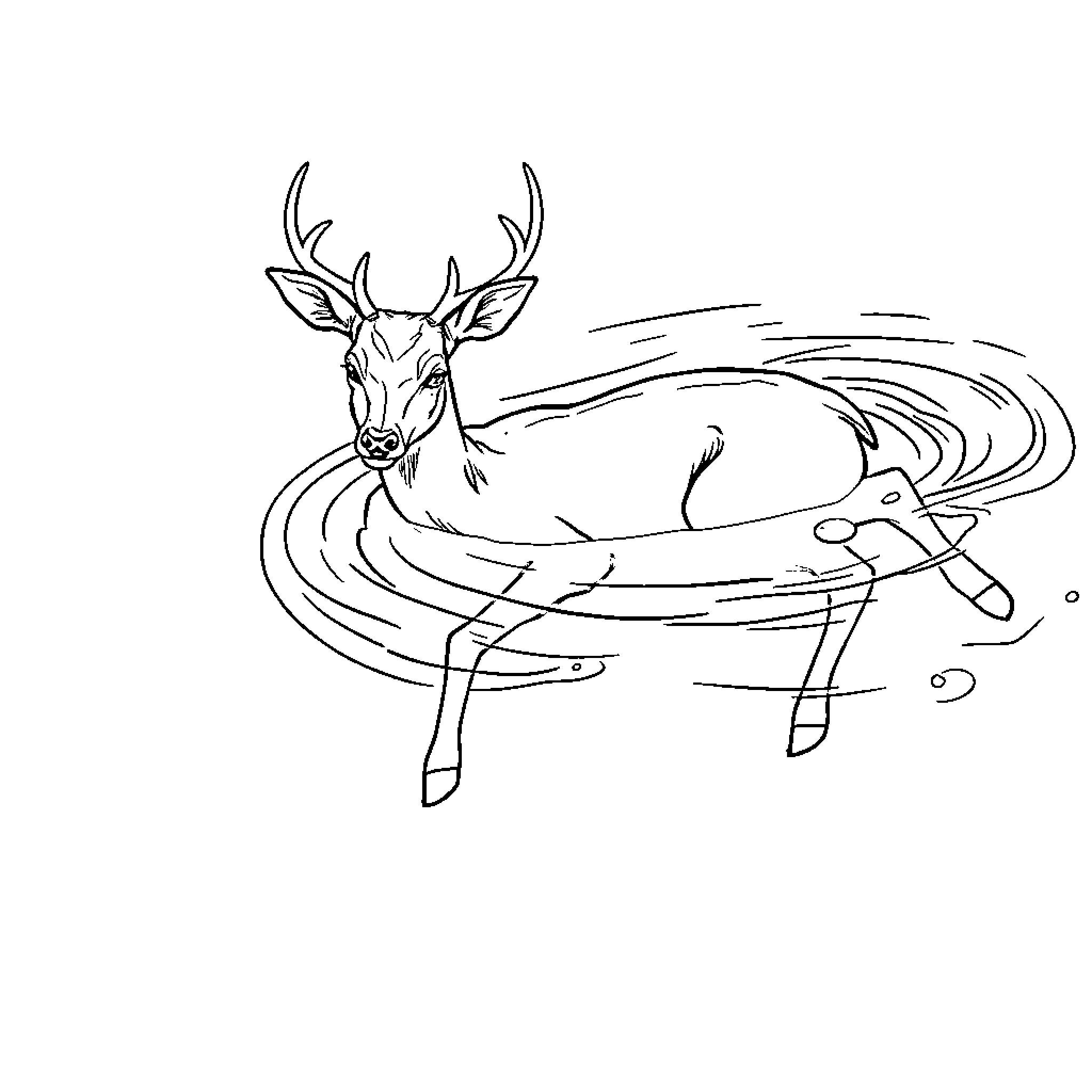 Deer resting in a tranquil pond Coloring Page (free black-and-white line drawing printable PDF for all, from beginners to advanced learners, including children, teens, adults, and seniors)