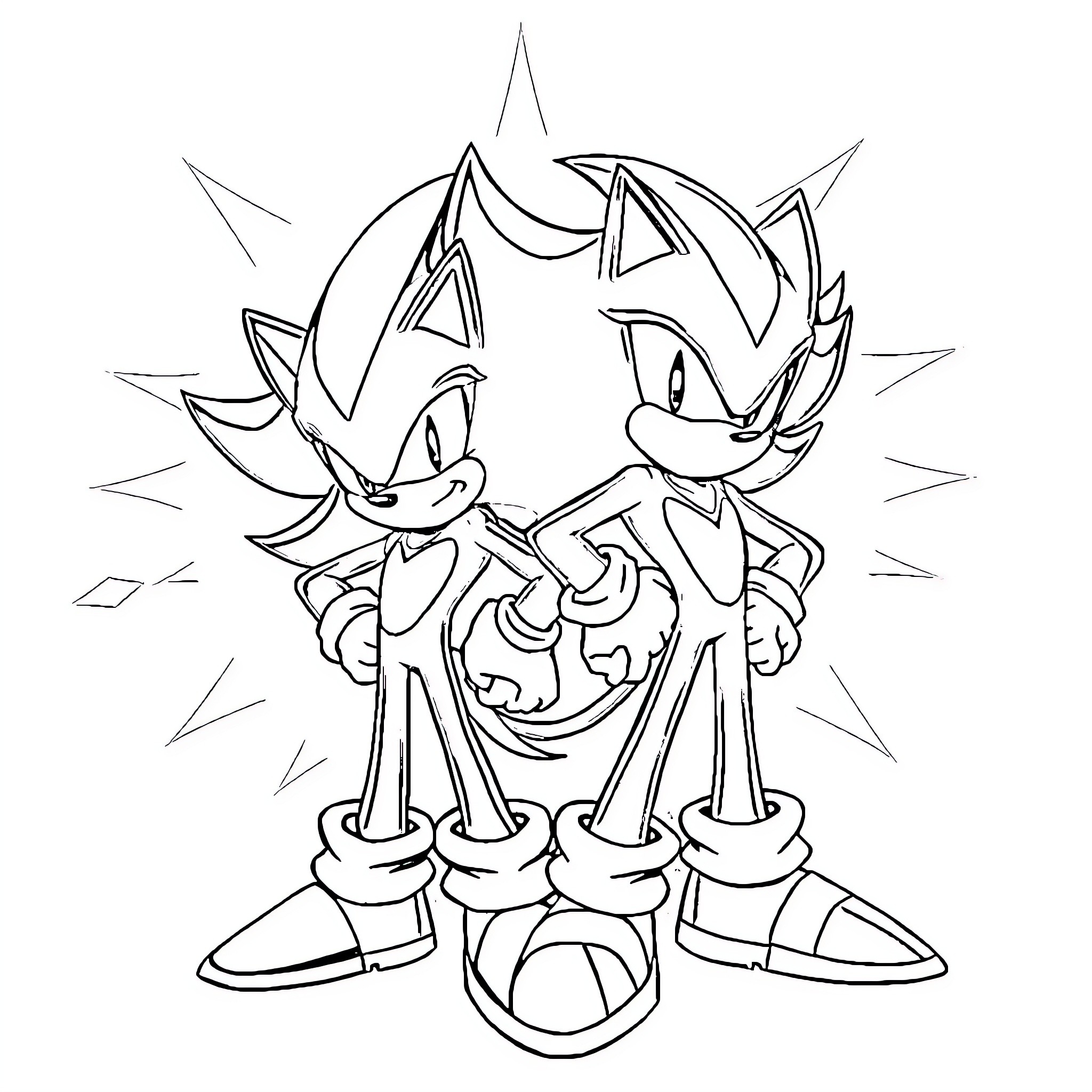 Sonic Characters in Heroic Poses Coloring Page (free black-and-white line drawing printable PDF for all, from beginners to advanced learners, including children, teens, adults, and seniors)