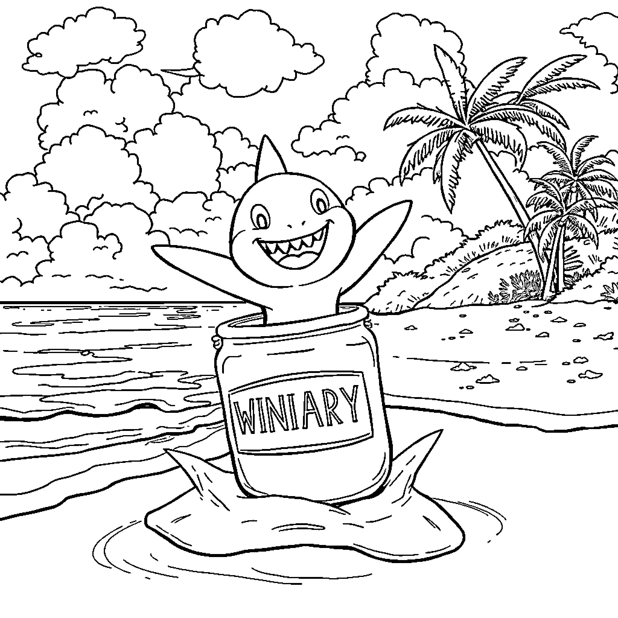 Shark waving from a lifebuoy on a tropical beach Coloring Page (free black-and-white line drawing printable PDF for all, from beginners to advanced learners, including children, teens, adults, and seniors)