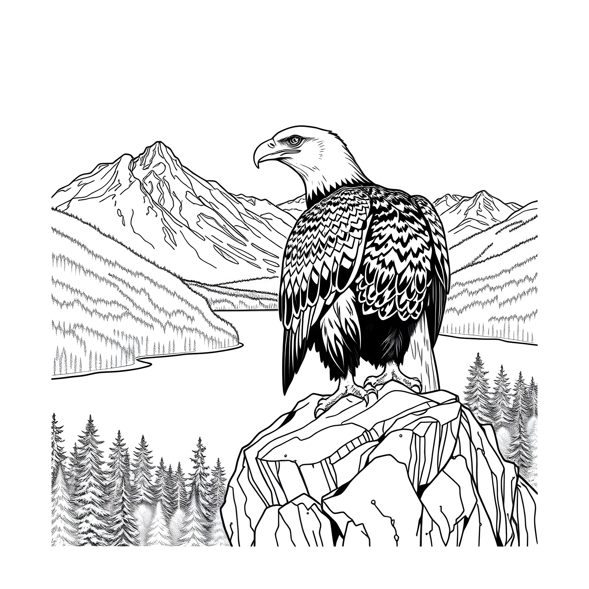 Eagle perched on a rocky cliff overlooking mountains Coloring Page (free black-and-white line drawing printable PDF for all, from beginners to advanced learners, including children, teens, adults, and seniors)