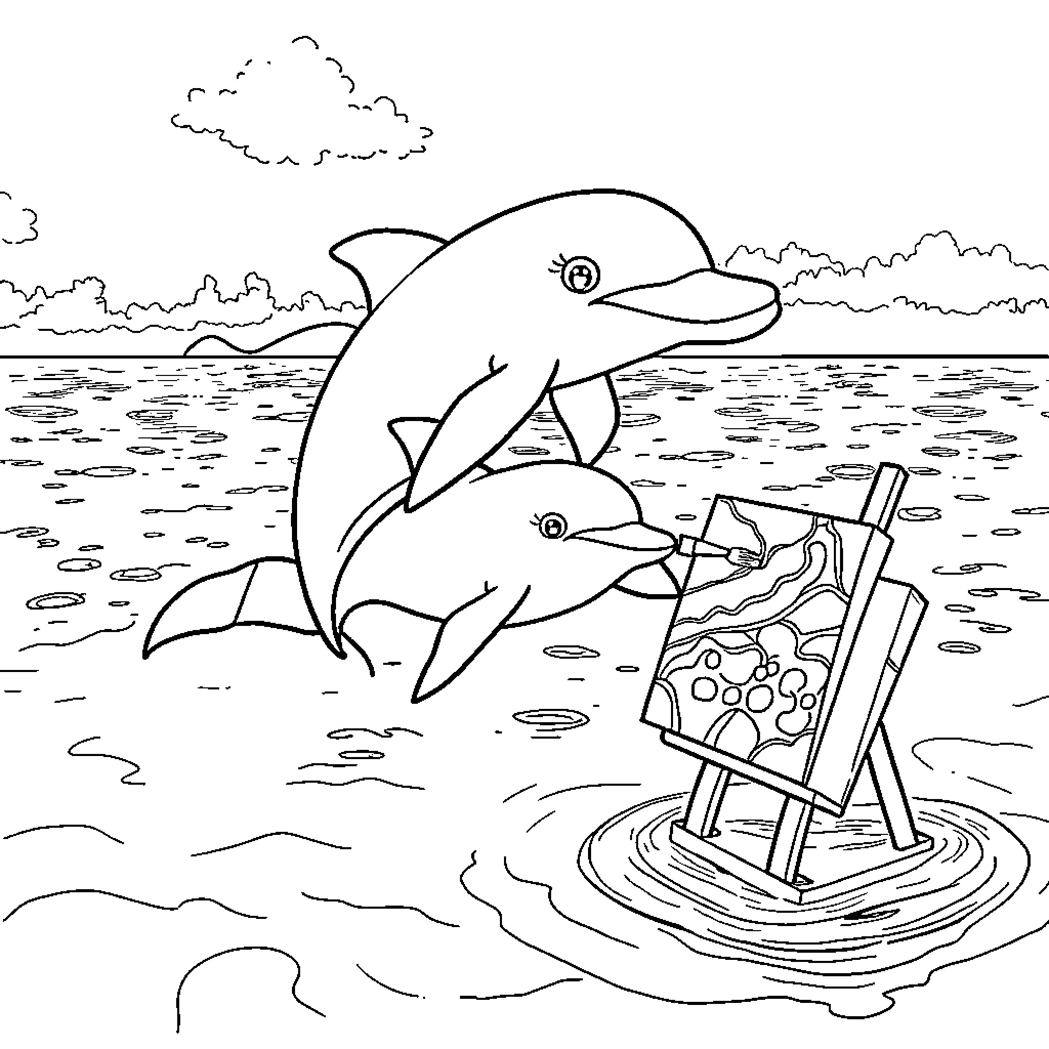 Dolphin playing with easel in the ocean Coloring Page (free black-and-white line drawing printable PDF for all, from beginners to advanced learners, including children, teens, adults, and seniors)