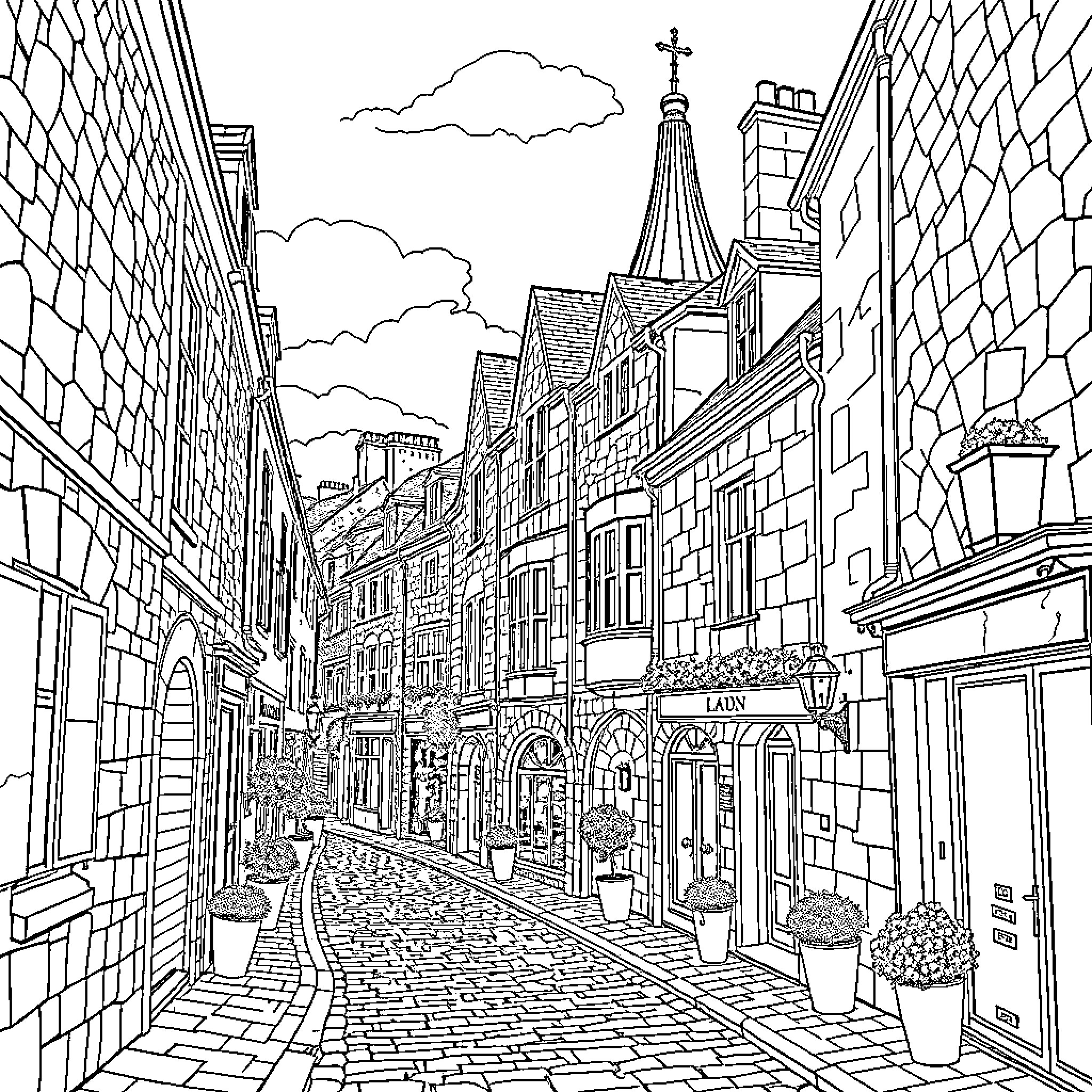 Laon's Historic Town Center and Cobblestone Streets Coloring Page (free black-and-white line drawing printable PDF for all, from beginners to advanced learners, including children, teens, adults, and seniors)