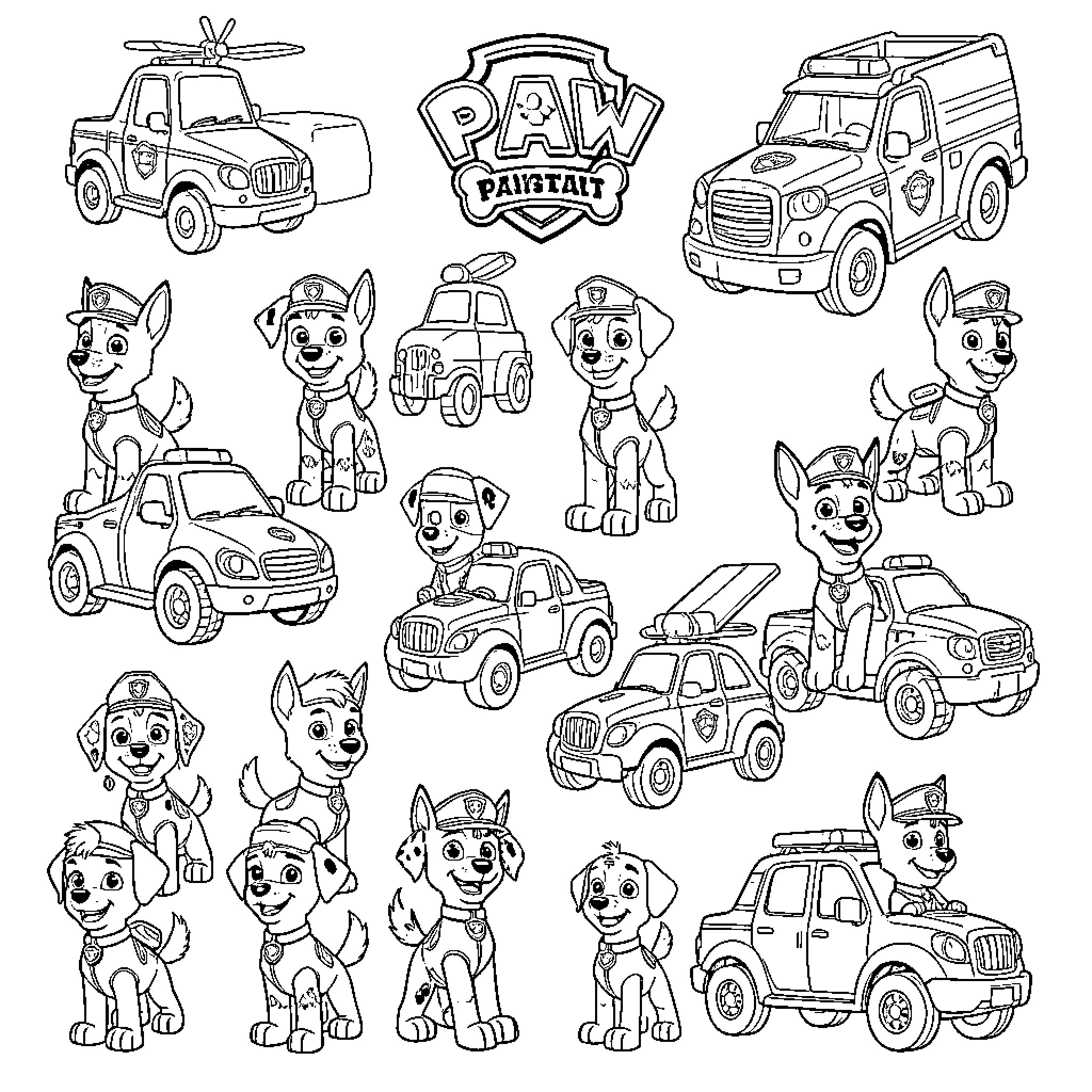 Paw Patrol characters posing with their rescue vehicles Coloring Page (free black-and-white line drawing printable PDF for all, from beginners to advanced learners, including children, teens, adults, and seniors)