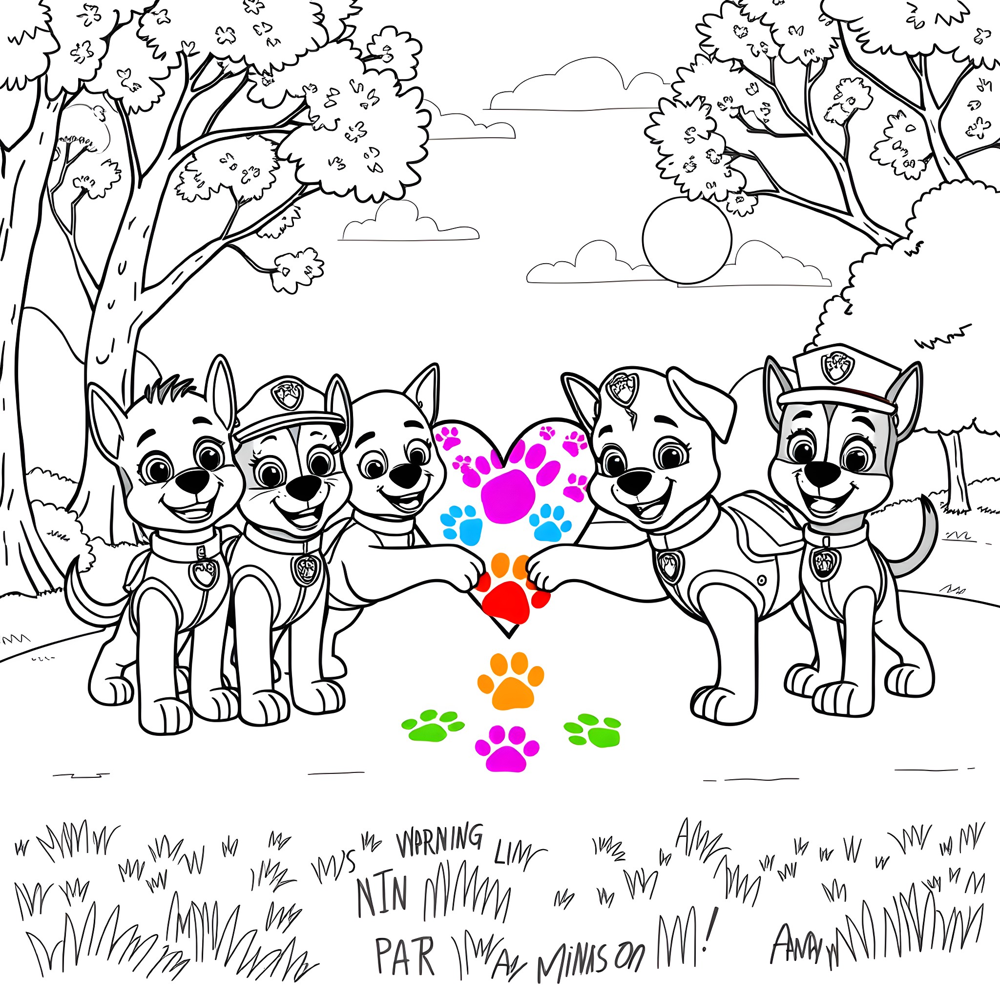 Paw Patrol puppies playing in the park Coloring Page (free black-and-white line drawing printable PDF for all, from beginners to advanced learners, including children, teens, adults, and seniors)