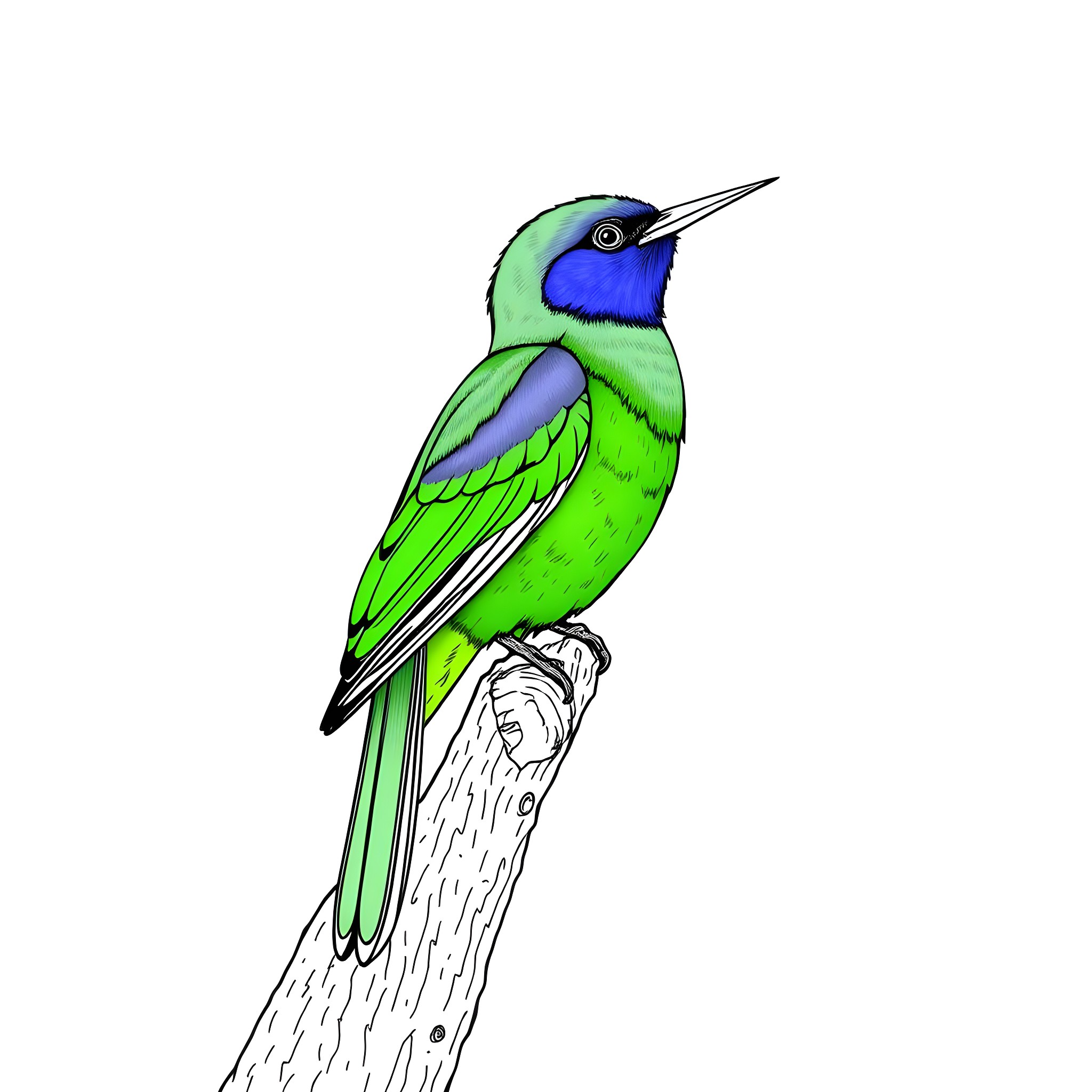 Dacnis bird perching on a branch Coloring Page (free black-and-white line drawing printable PDF for all, from beginners to advanced learners, including children, teens, adults, and seniors)