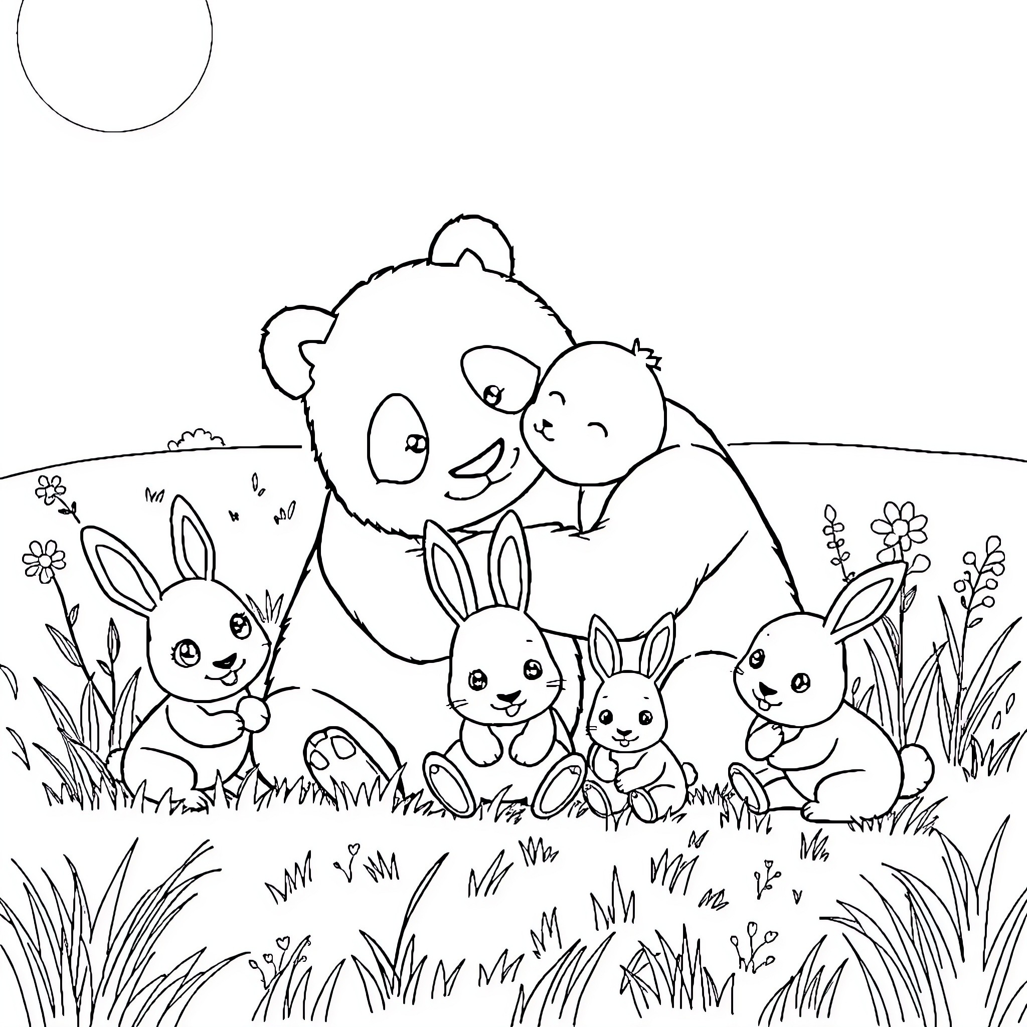 Panda family playing with adorable baby rabbits in the meadow Coloring Page (free black-and-white line drawing printable PDF for all, from beginners to advanced learners, including children, teens, adults, and seniors)