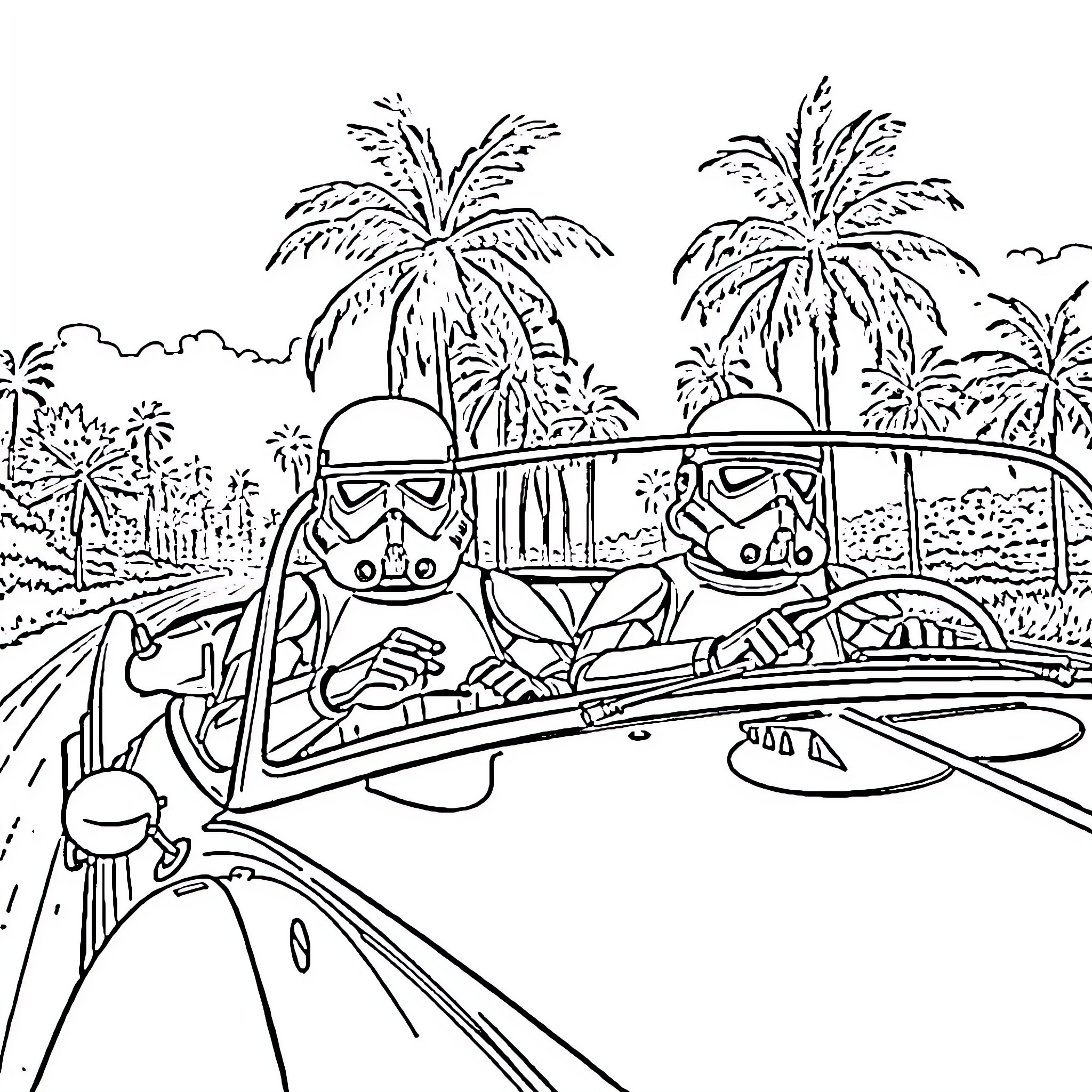 Storm Troopers on a tropical vacation Coloring Page (free black-and-white line drawing printable PDF for all, from beginners to advanced learners, including children, teens, adults, and seniors)
