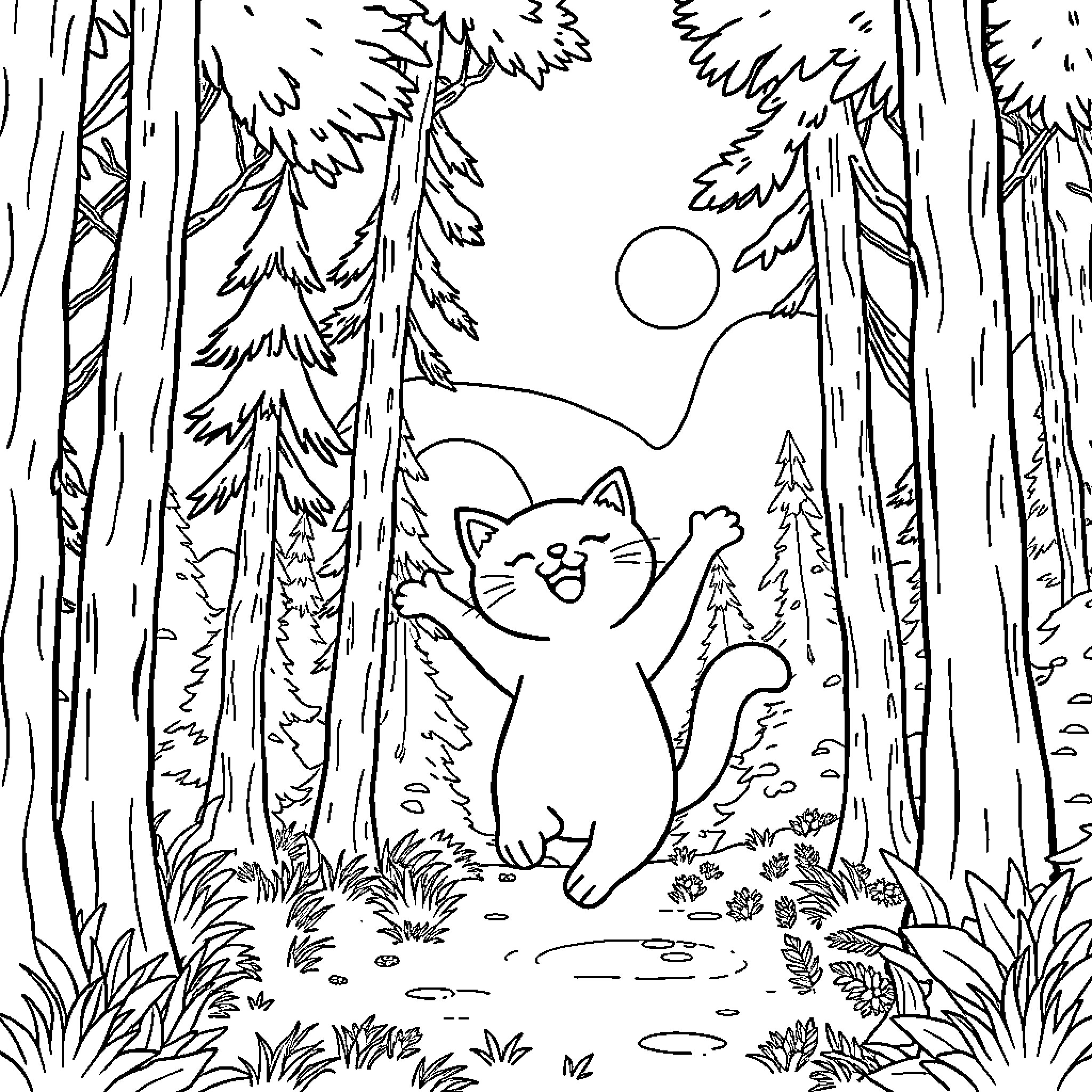 Cat enjoying nature in the forest Coloring Page (free black-and-white line drawing printable PDF for all, from beginners to advanced learners, including children, teens, adults, and seniors)