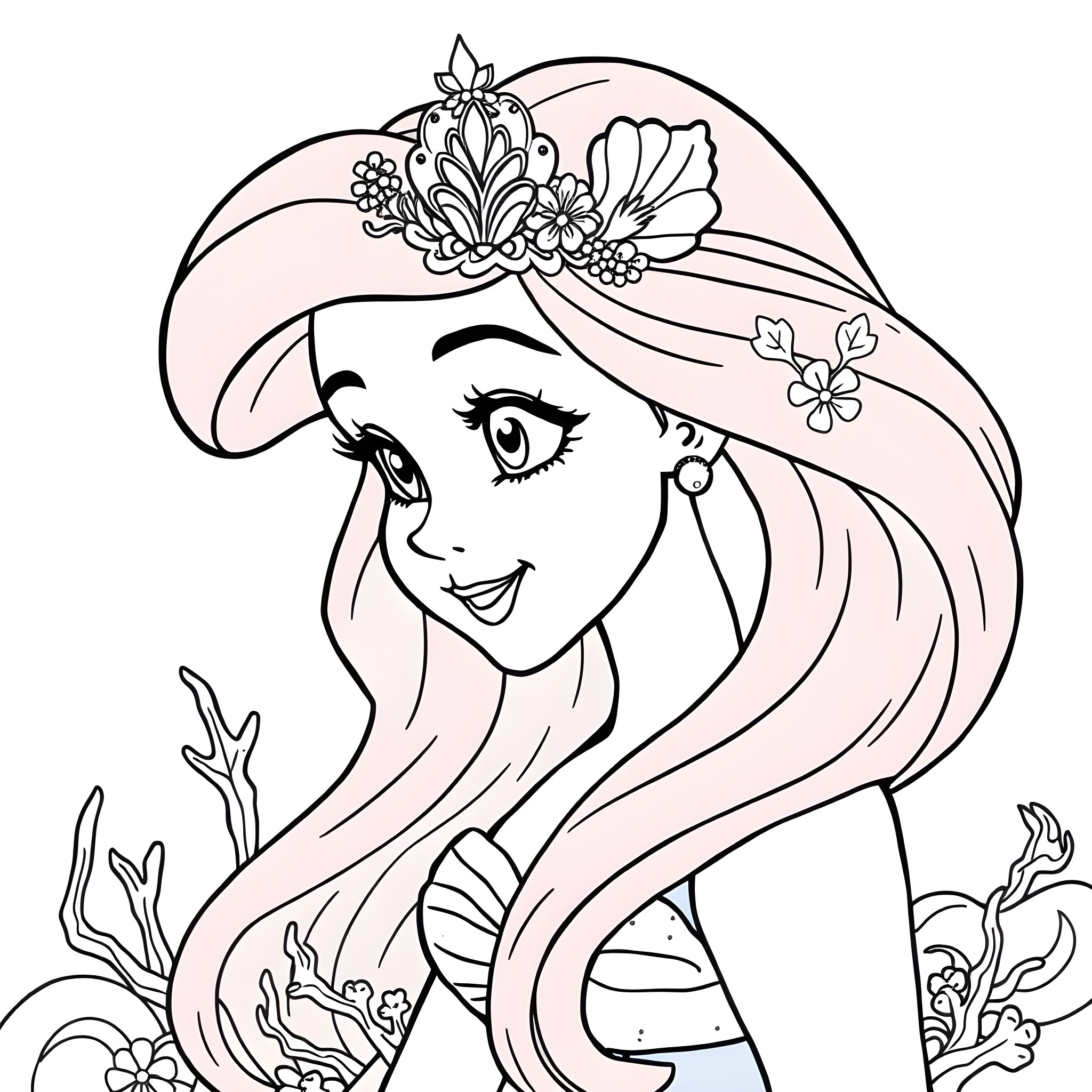 Ariel with Floral Crown Underwater Coloring Page (free black-and-white line drawing printable PDF for all, from beginners to advanced learners, including children, teens, adults, and seniors)
