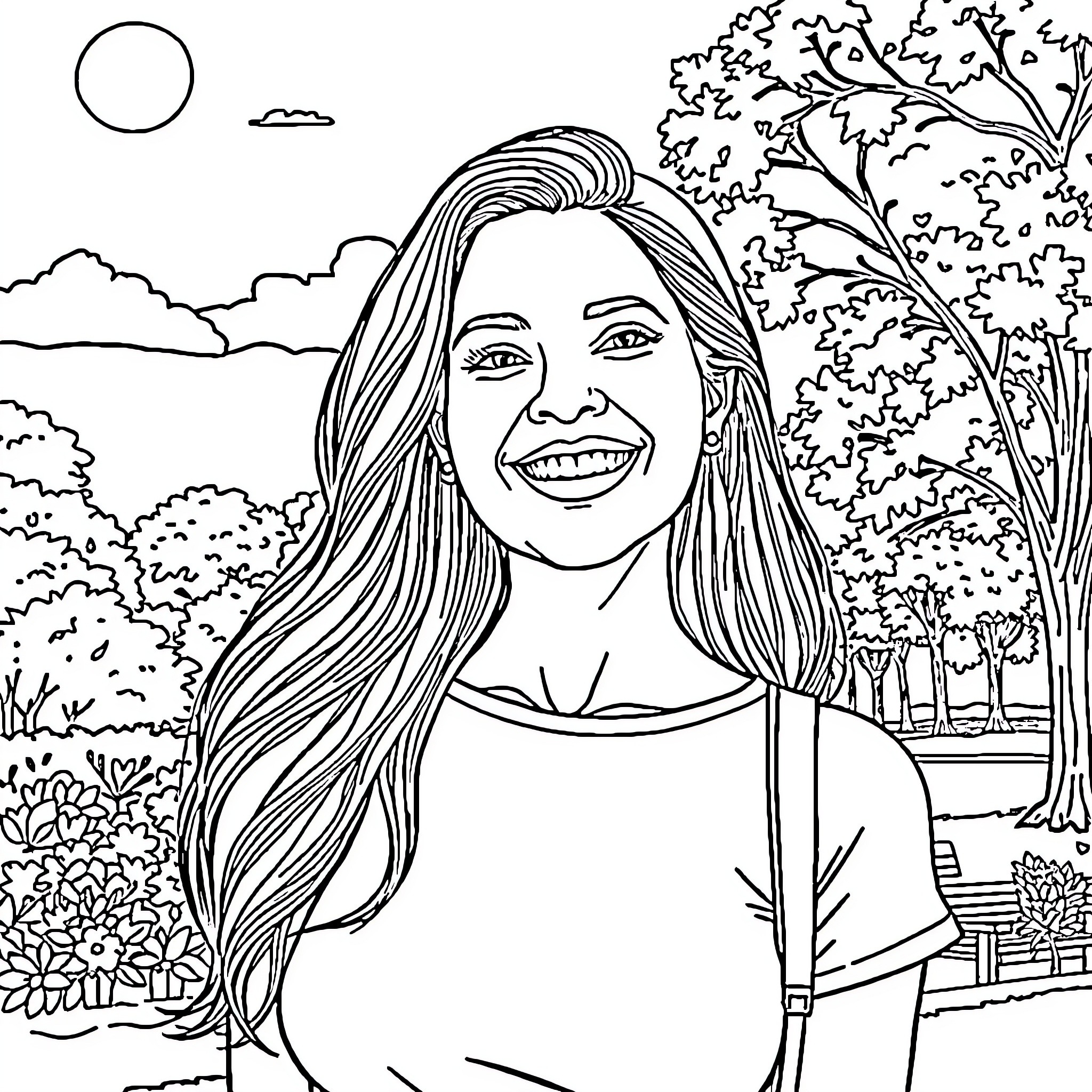 Latina Smiling Joyfully in Outdoor Scenery Coloring Page (free black-and-white line drawing printable PDF for all, from beginners to advanced learners, including children, teens, adults, and seniors)