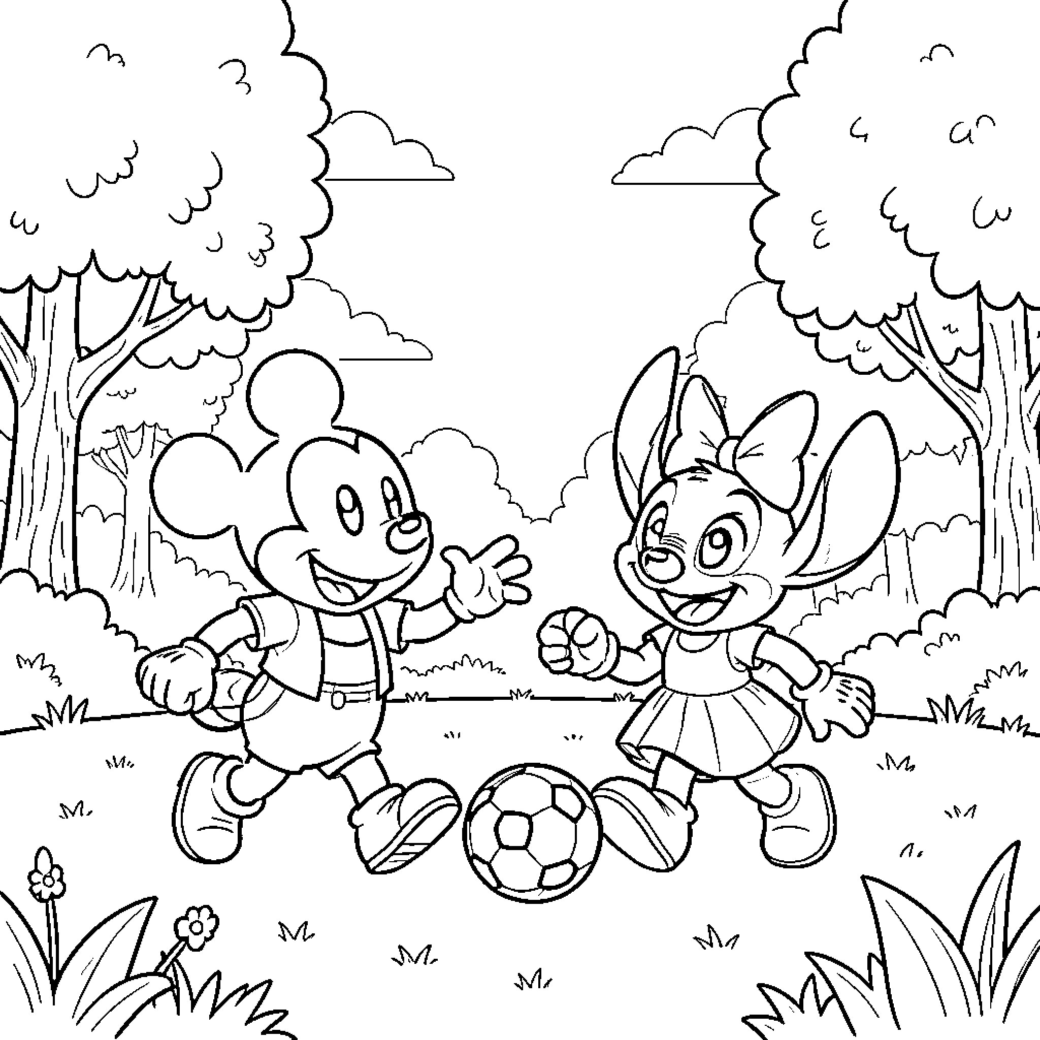 Mickey and Minnie playing soccer in a park Coloring Page (free black-and-white line drawing printable PDF for all, from beginners to advanced learners, including children, teens, adults, and seniors)