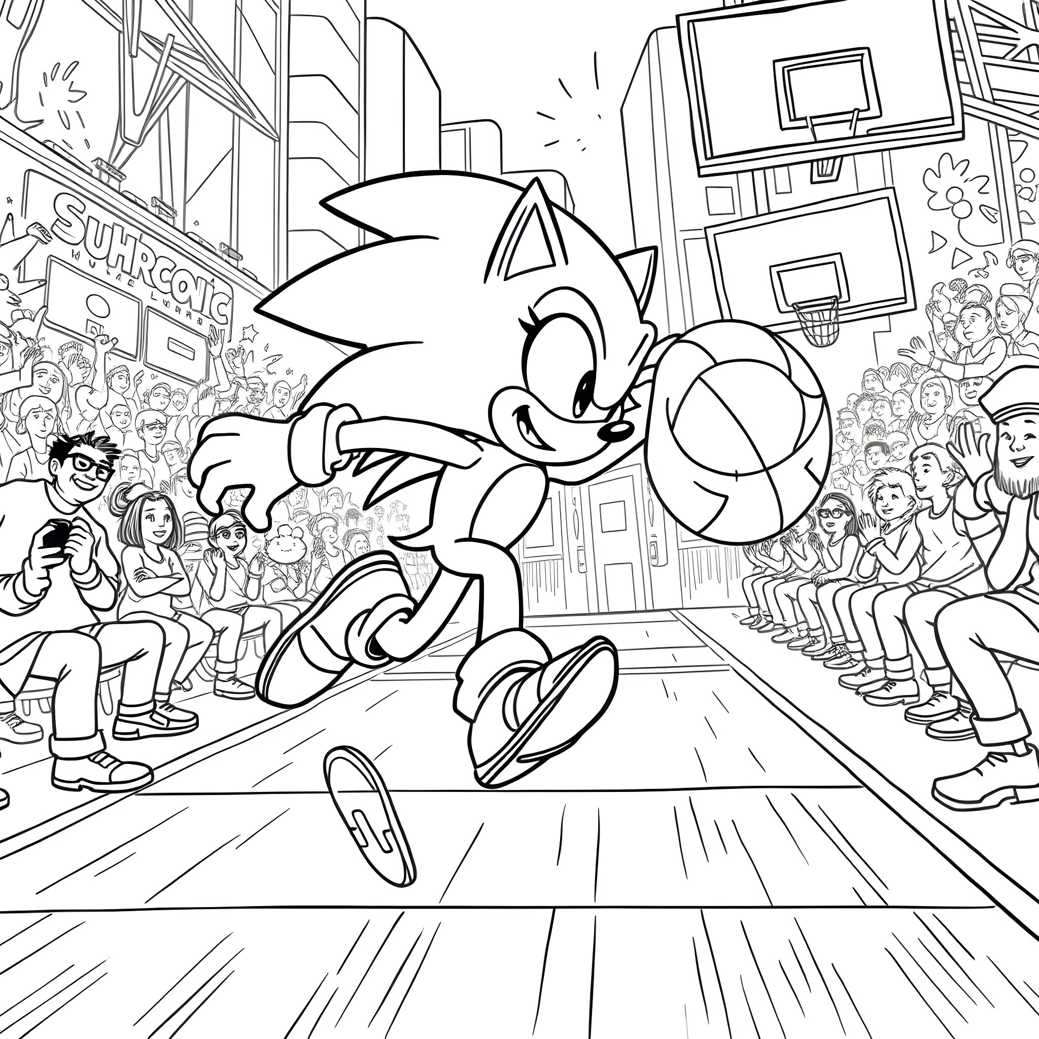 Sonic racing through a lively city scene Coloring Page (free black-and-white line drawing printable PDF for all, from beginners to advanced learners, including children, teens, adults, and seniors)