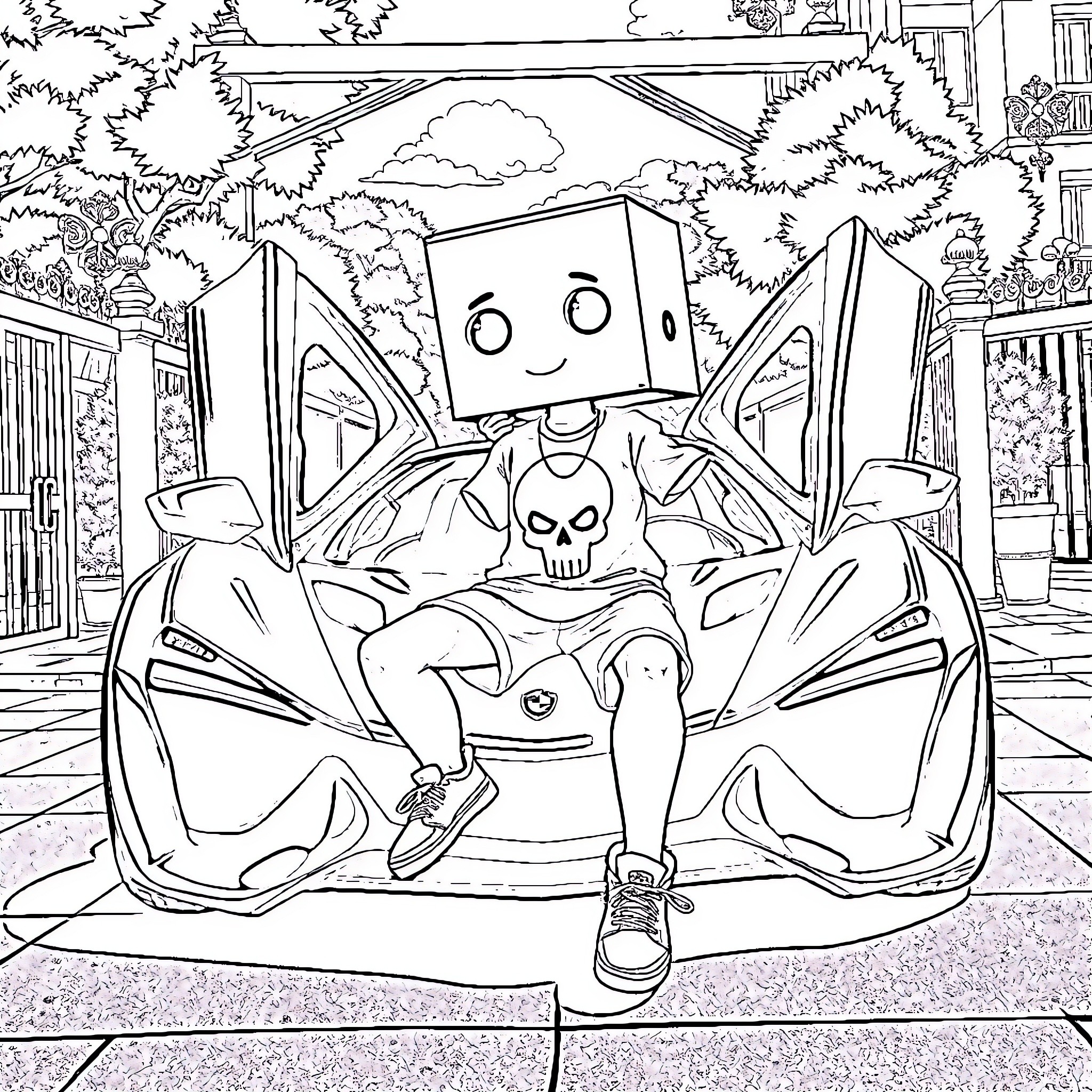 Character in a robotic costume exploring an outdoor scene Coloring Page (free black-and-white line drawing printable PDF for all, from beginners to advanced learners, including children, teens, adults, and seniors)