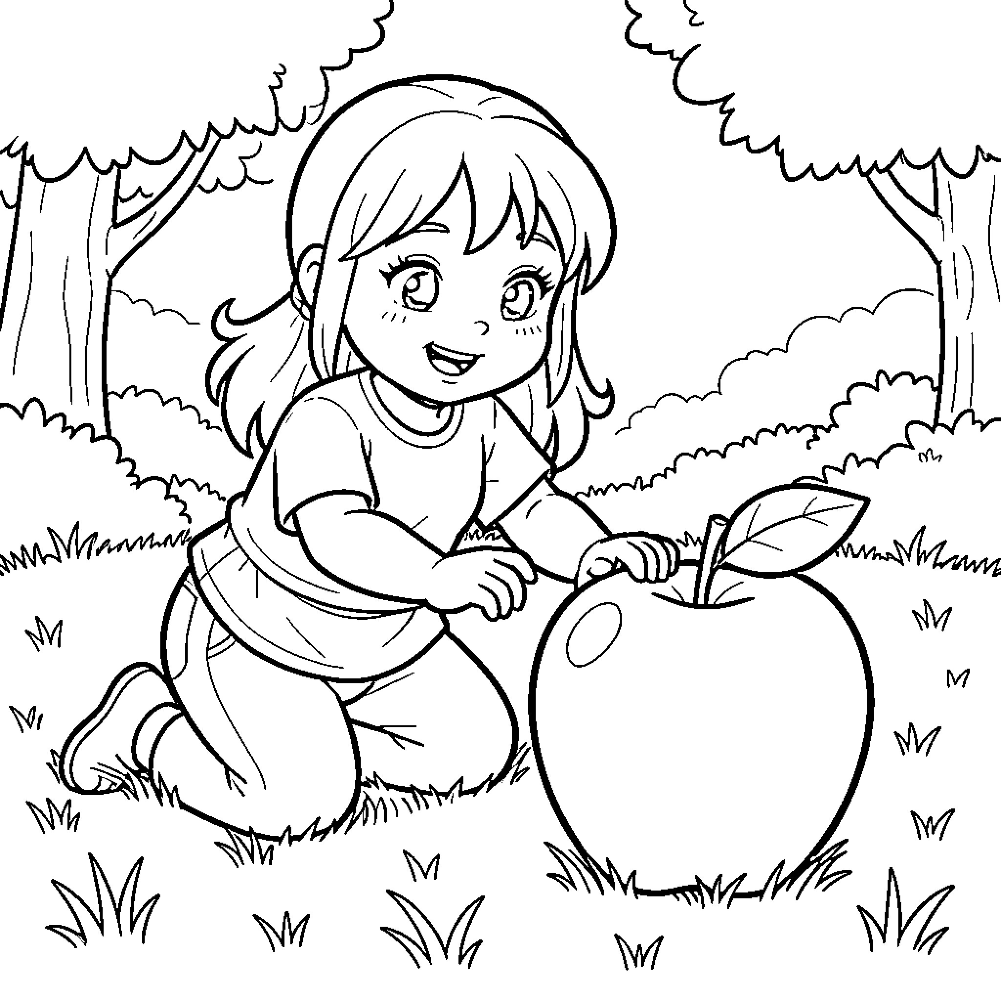 Apple discovery by a young girl in a park Coloring Page (free black-and-white line drawing printable PDF for all, from beginners to advanced learners, including children, teens, adults, and seniors)