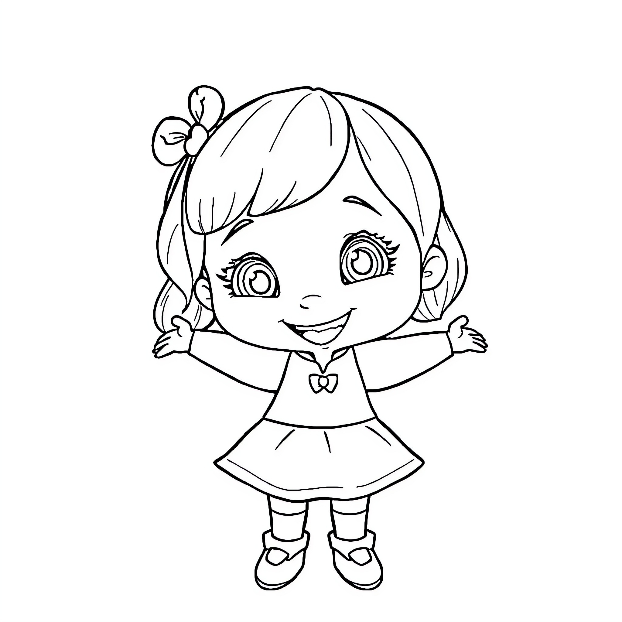 Masha smiling cheerfully with arms outstretched Coloring Page (free black-and-white line drawing printable PDF for all, from beginners to advanced learners, including children, teens, adults, and seniors)