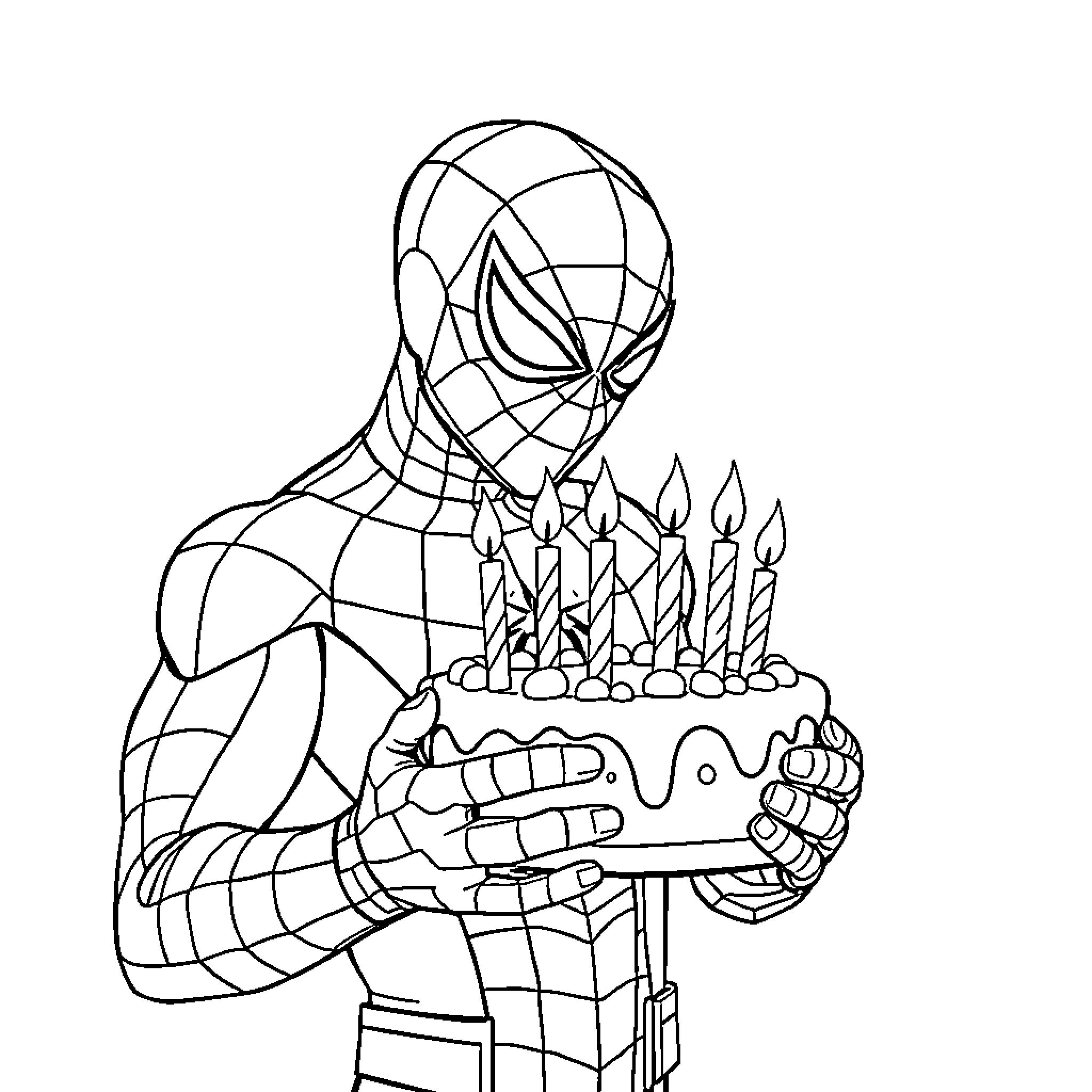 Spiderman celebrating with birthday cake Coloring Page (free black-and-white line drawing printable PDF for all, from beginners to advanced learners, including children, teens, adults, and seniors)