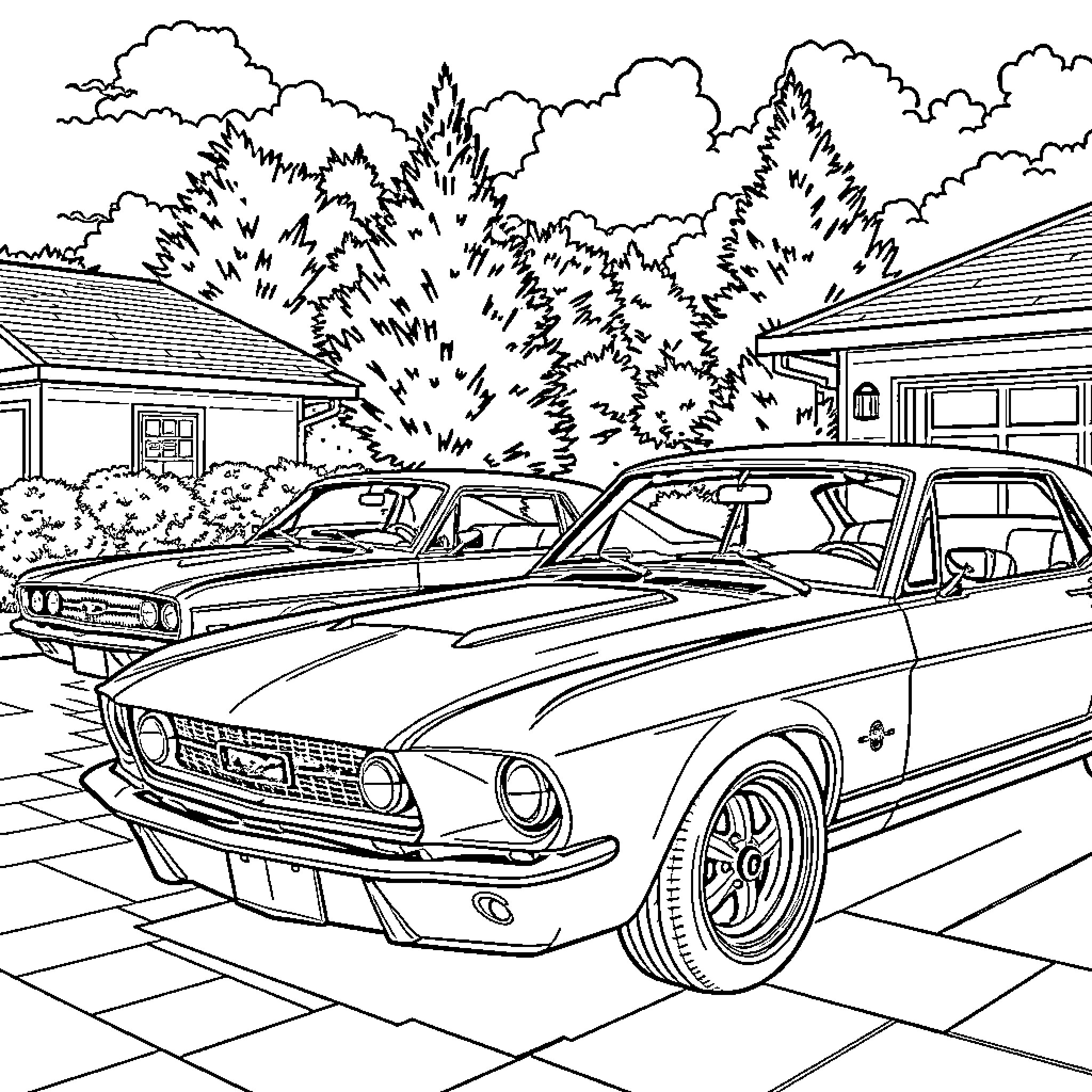 Mustang muscle cars in a suburban driveway Coloring Page (free black-and-white line drawing printable PDF for all, from beginners to advanced learners, including children, teens, adults, and seniors)