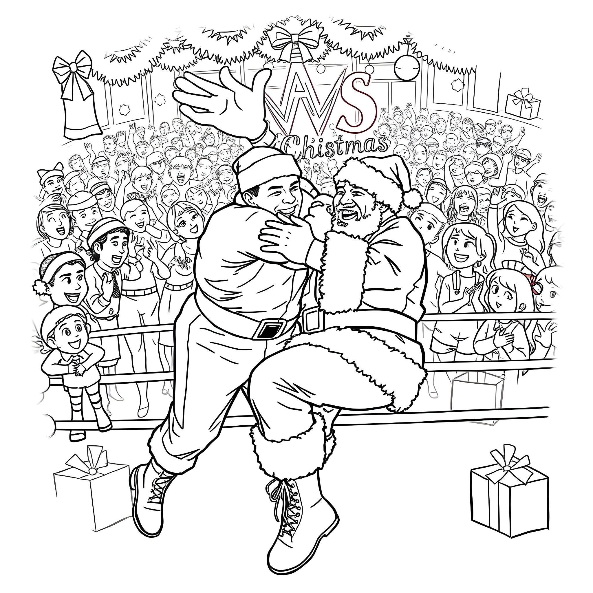 John Cena giving warm holiday hugs to a crowd Coloring Page (free black-and-white line drawing printable PDF for all, from beginners to advanced learners, including children, teens, adults, and seniors)