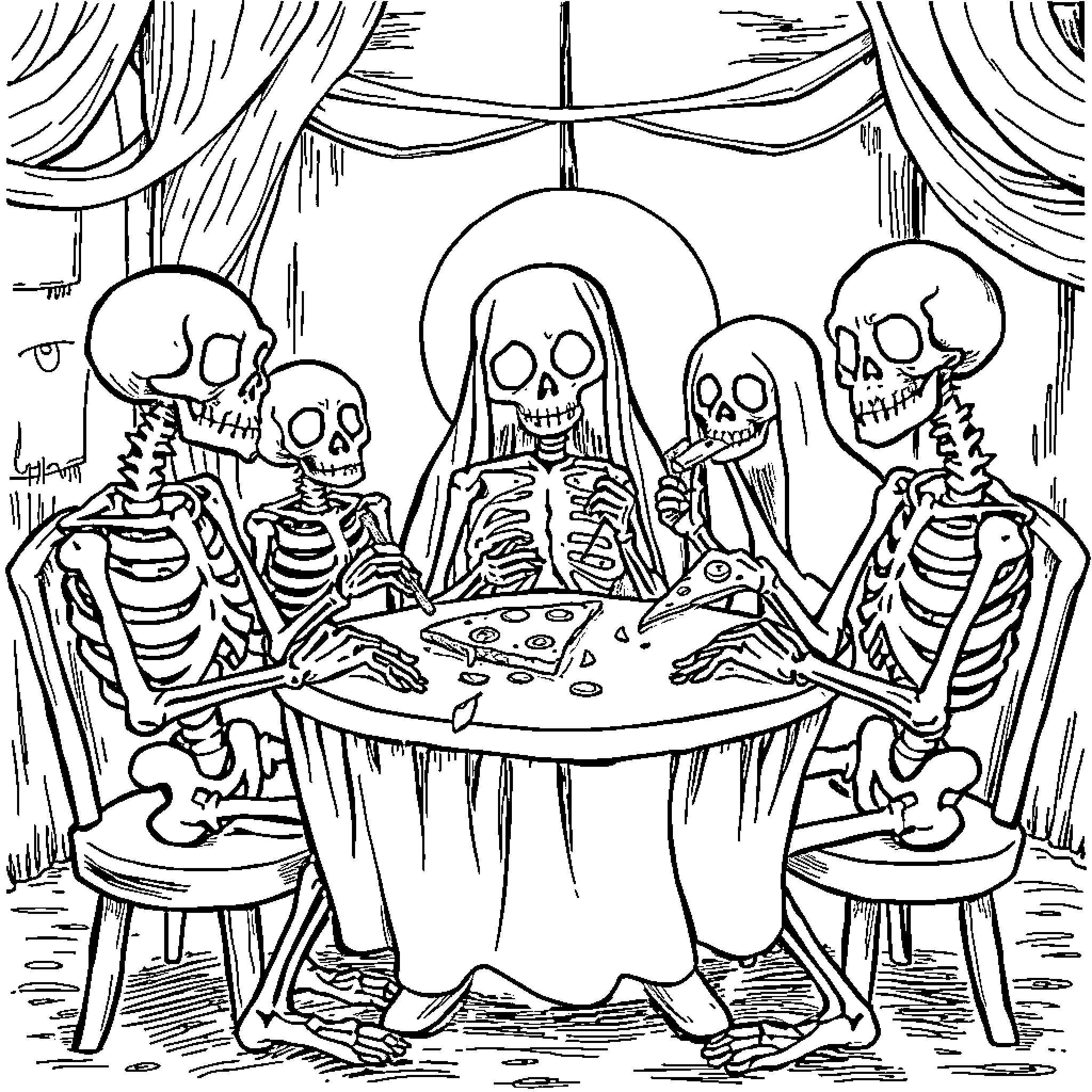 Skeleton Family Dinner Party Coloring Page (free black-and-white line drawing printable PDF for all, from beginners to advanced learners, including children, teens, adults, and seniors)