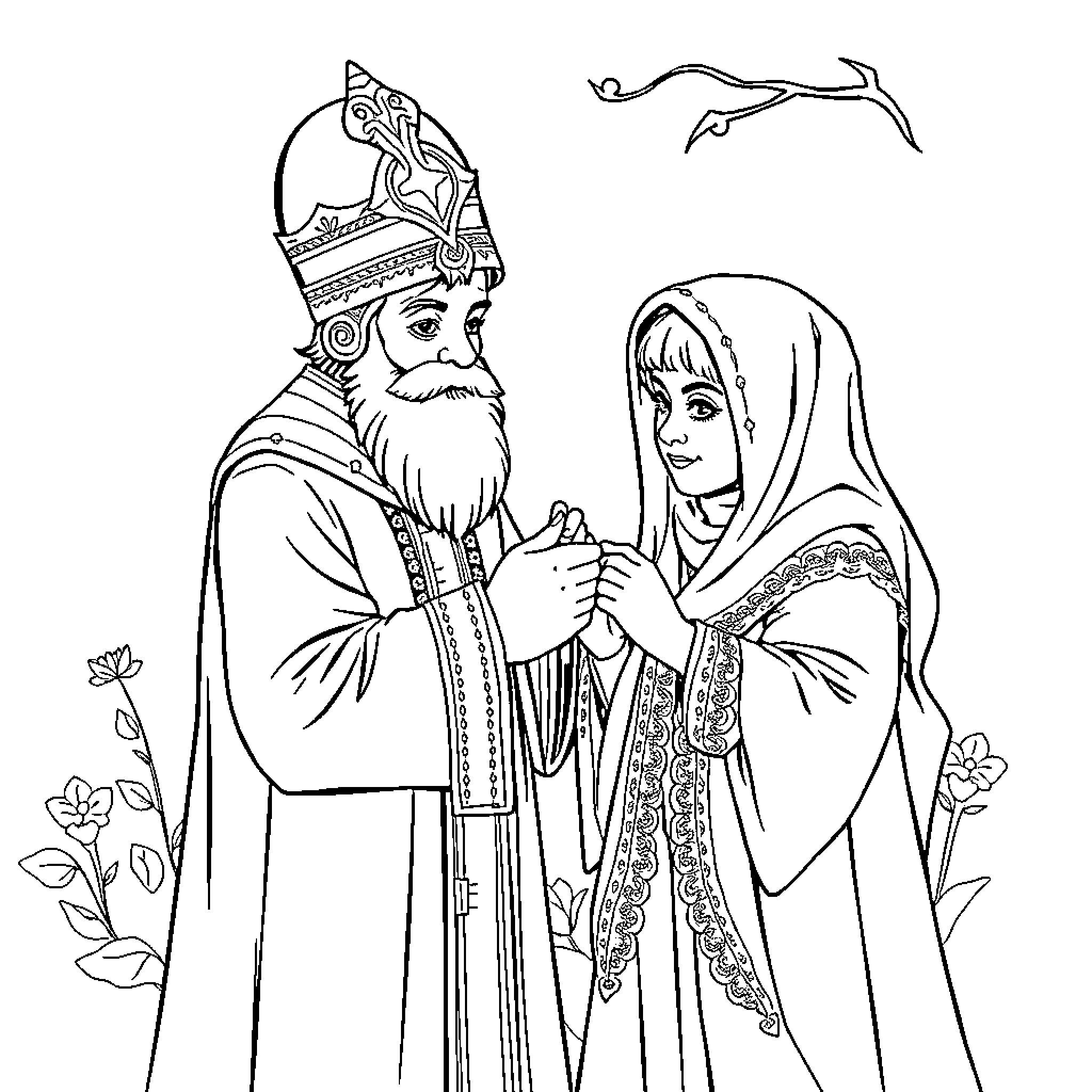 Kempiniukas in Ceremonial Religious Garb Coloring Page (free black-and-white line drawing printable PDF for all, from beginners to advanced learners, including children, teens, adults, and seniors)