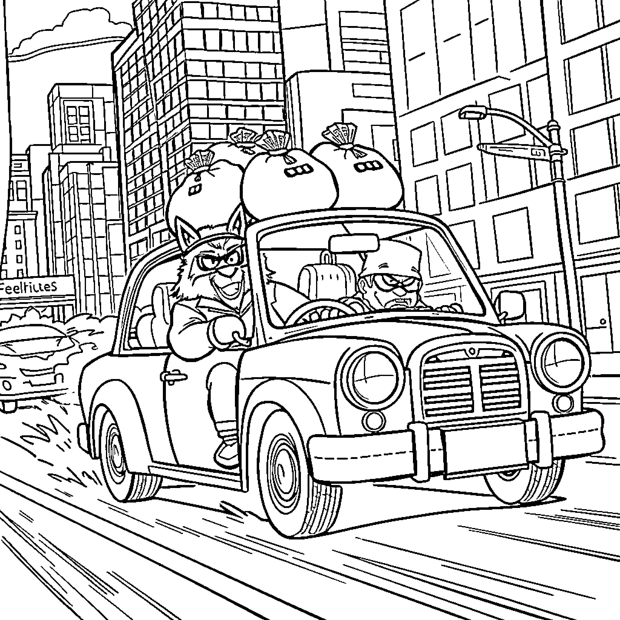 Wolf Thieves Stealing in City Getaway Car Coloring Page (free black-and-white line drawing printable PDF for all, from beginners to advanced learners, including children, teens, adults, and seniors)