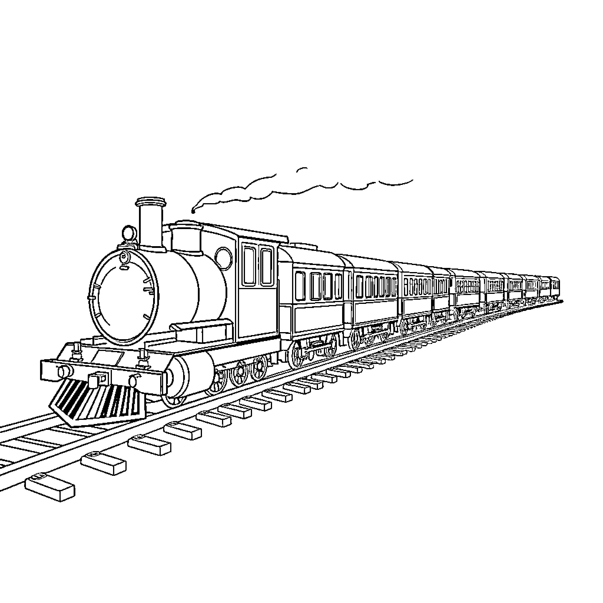 Train traveling through the countryside Coloring Page (free black-and-white line drawing printable PDF for all, from beginners to advanced learners, including children, teens, adults, and seniors)