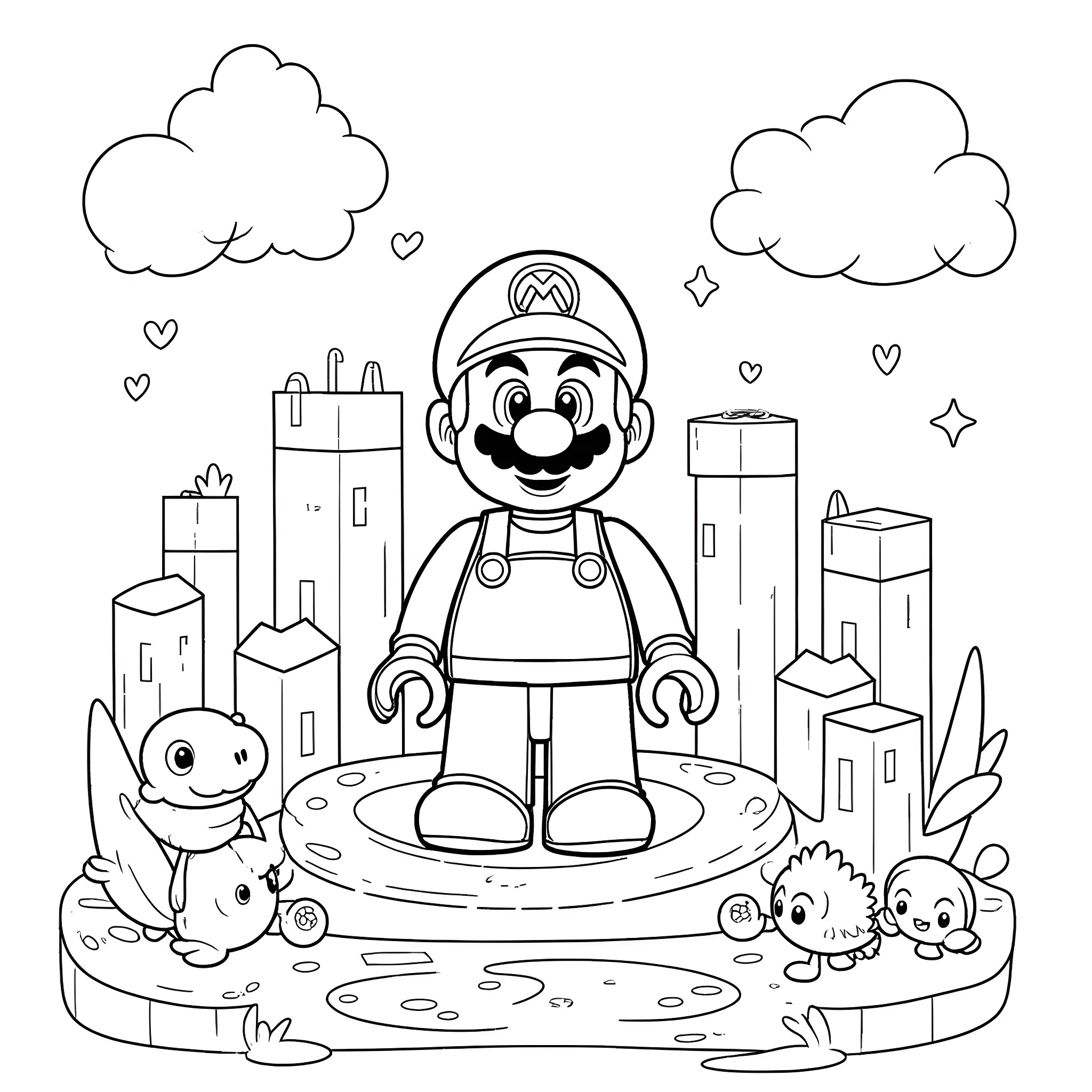 Lego Mario exploring the city with Lego Goombas Coloring Page (free black-and-white line drawing printable PDF for all, from beginners to advanced learners, including children, teens, adults, and seniors)