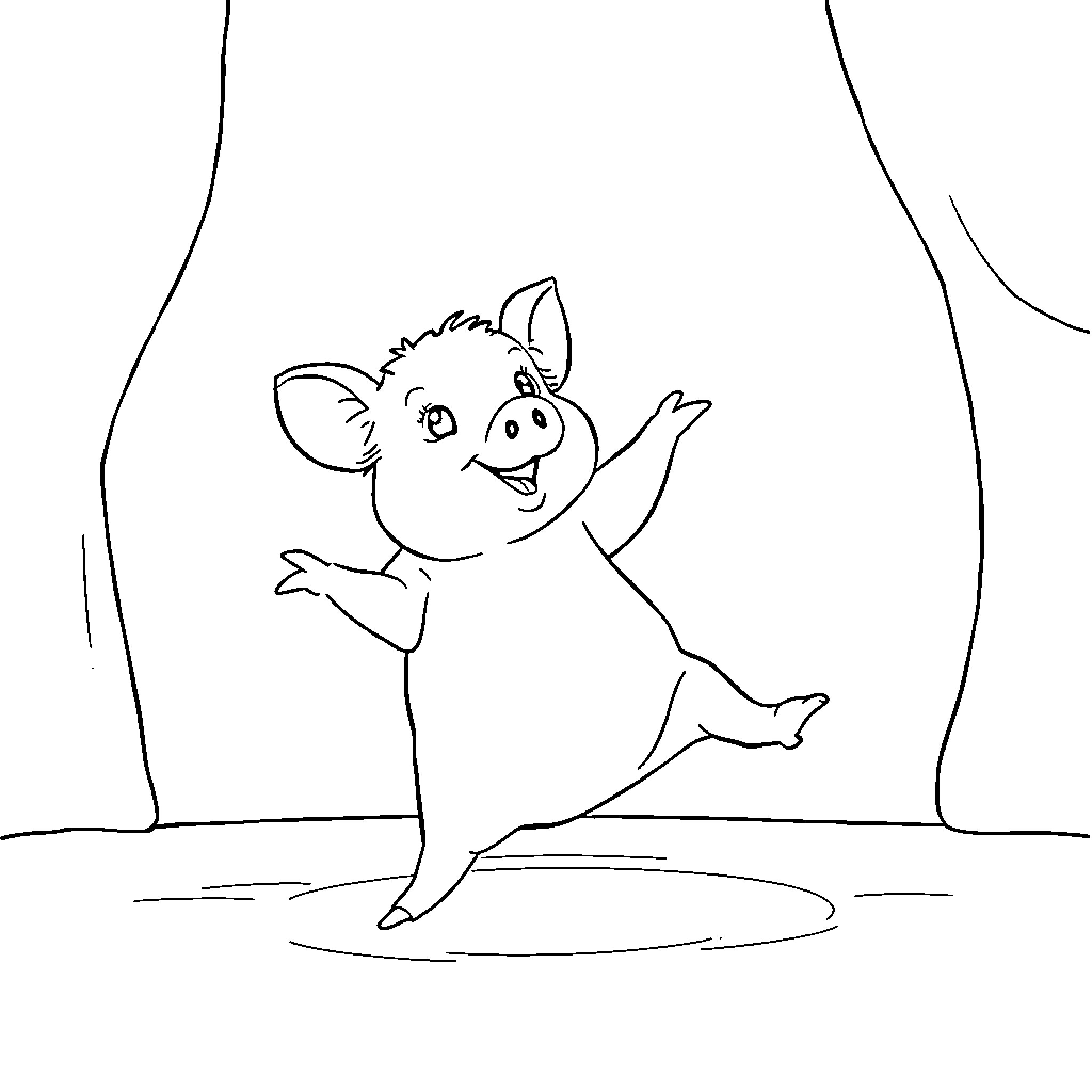 Pig dancing happily in the spotlight Coloring Page (free black-and-white line drawing printable PDF for all, from beginners to advanced learners, including children, teens, adults, and seniors)