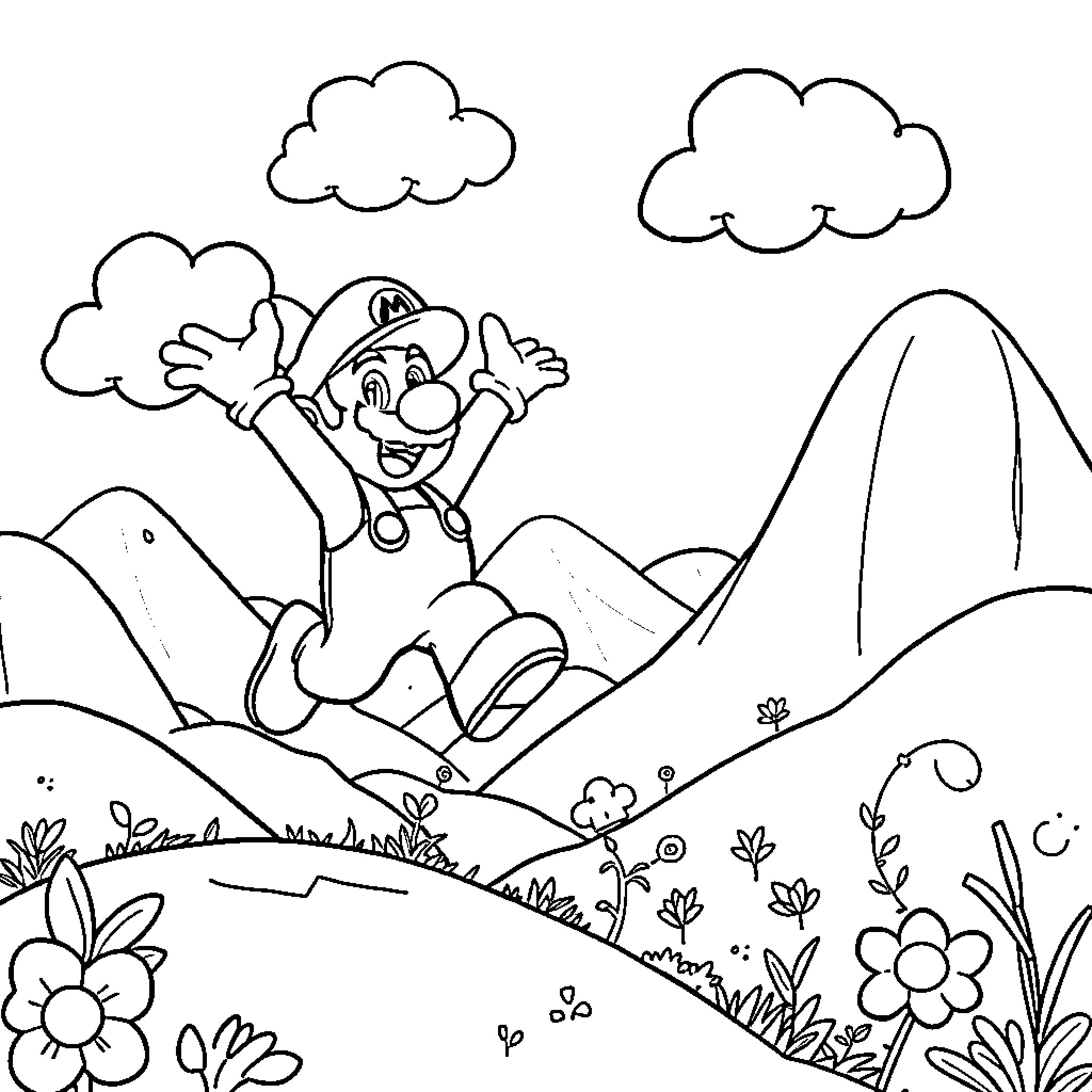 Super Mario Exploring the Vibrant Outdoor Landscape Coloring Page (free black-and-white line drawing printable PDF for all, from beginners to advanced learners, including children, teens, adults, and seniors)