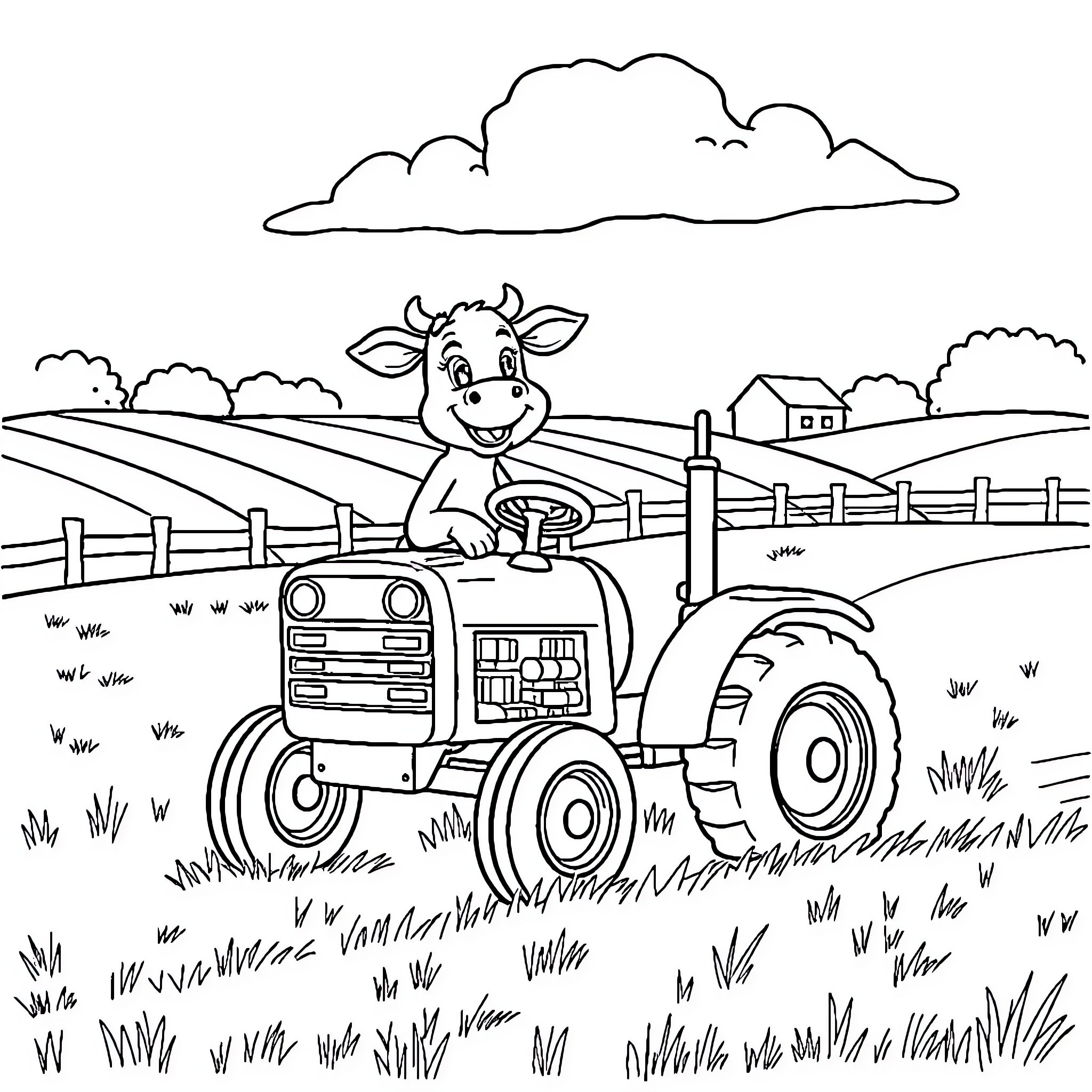 Cow driving a tractor on the farm Coloring Page (free black-and-white line drawing printable PDF for all, from beginners to advanced learners, including children, teens, adults, and seniors)