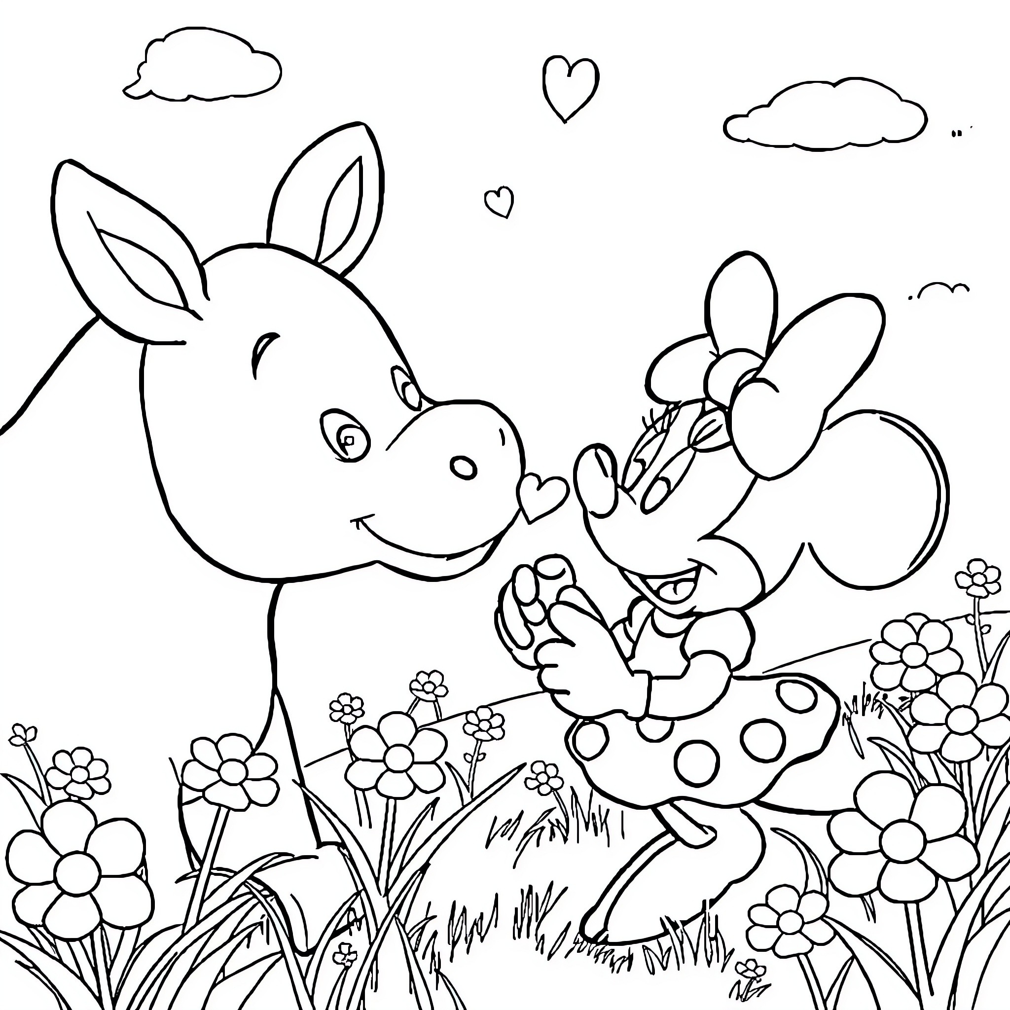 Minnie and her animal friends in a meadow Coloring Page (free black-and-white line drawing printable PDF for all, from beginners to advanced learners, including children, teens, adults, and seniors)