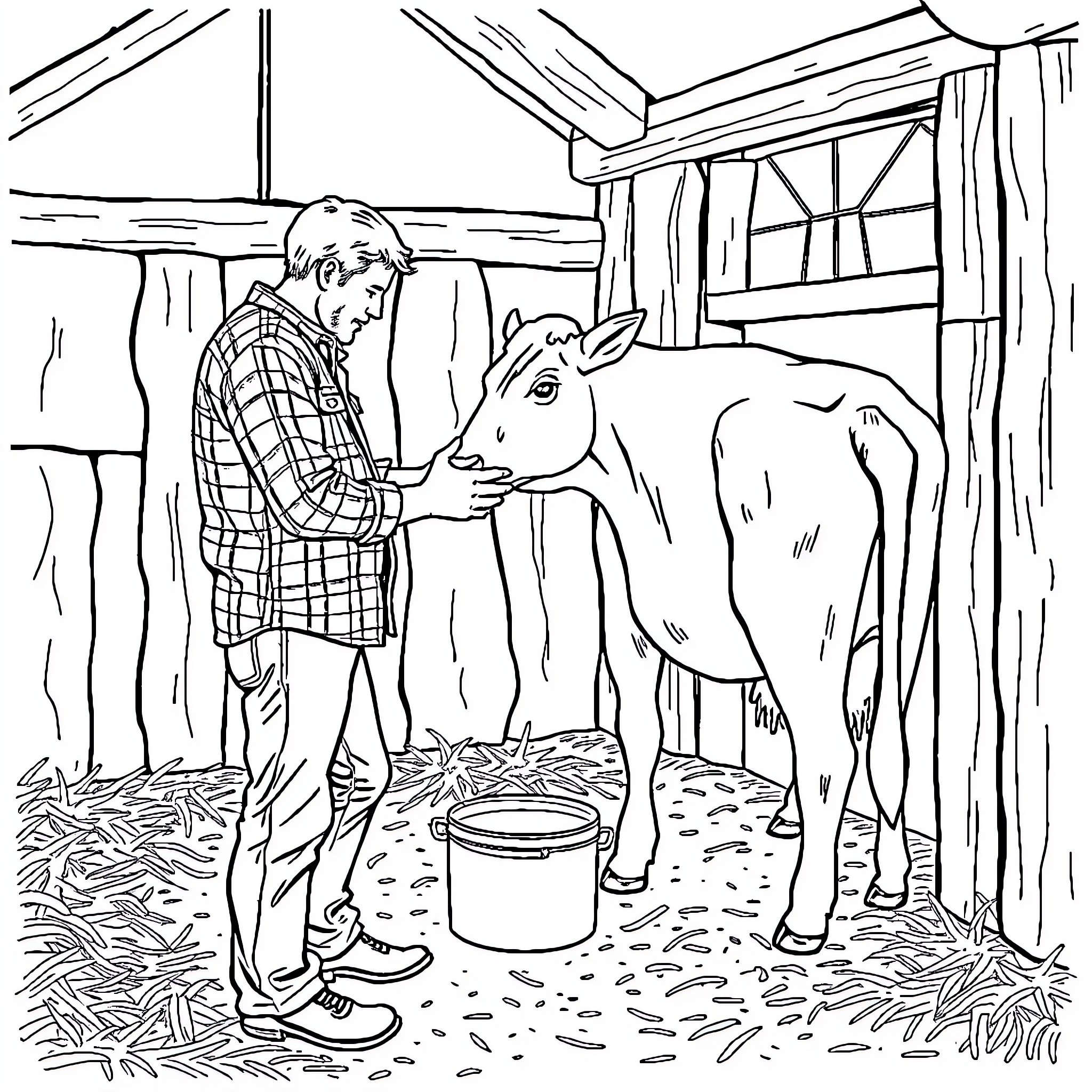 Man interacting with a cow in a rural setting Coloring Page (free black-and-white line drawing printable PDF for all, from beginners to advanced learners, including children, teens, adults, and seniors)